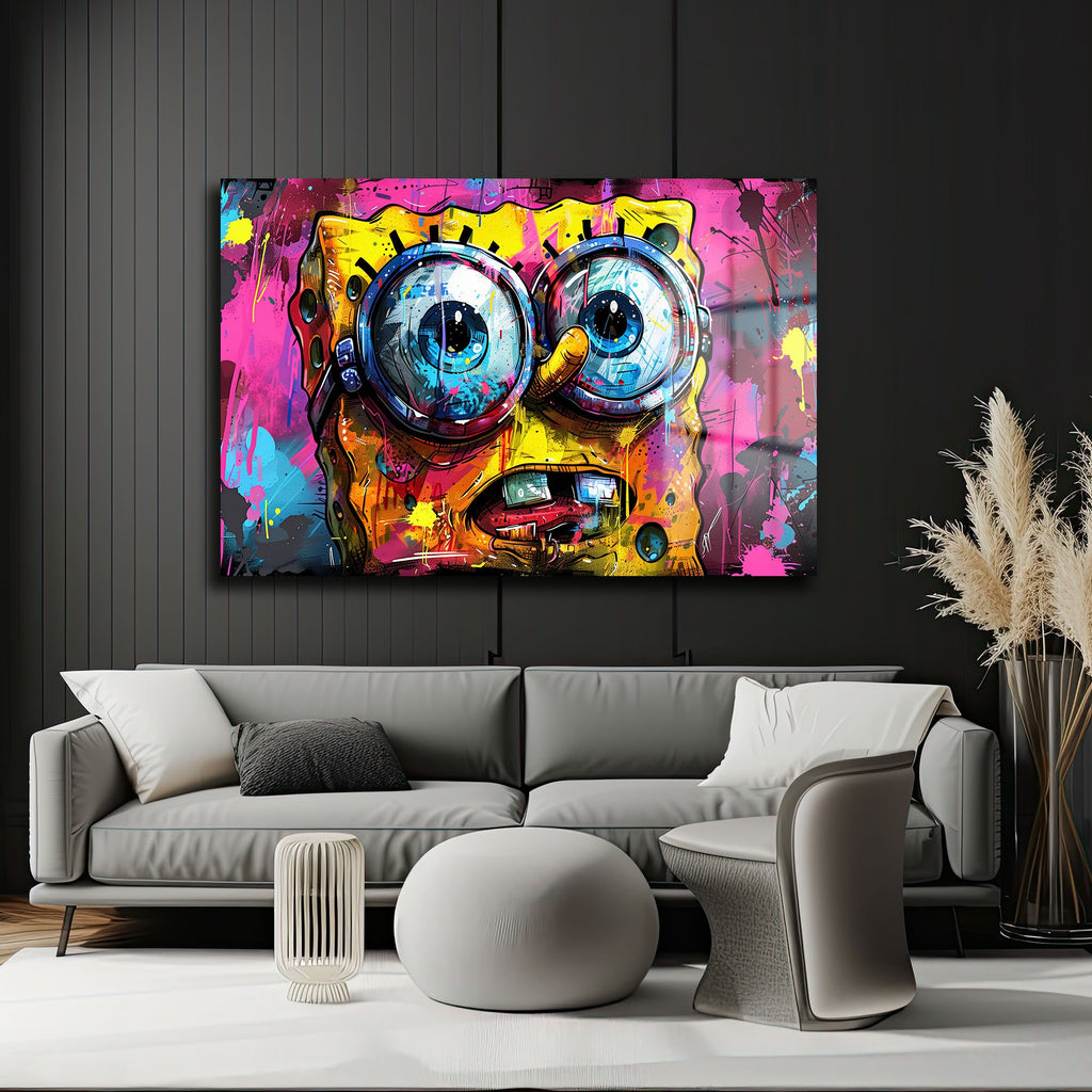 SpongeBob Graffiti Patlaması: Modern Sanat Temperli Cam Tablo