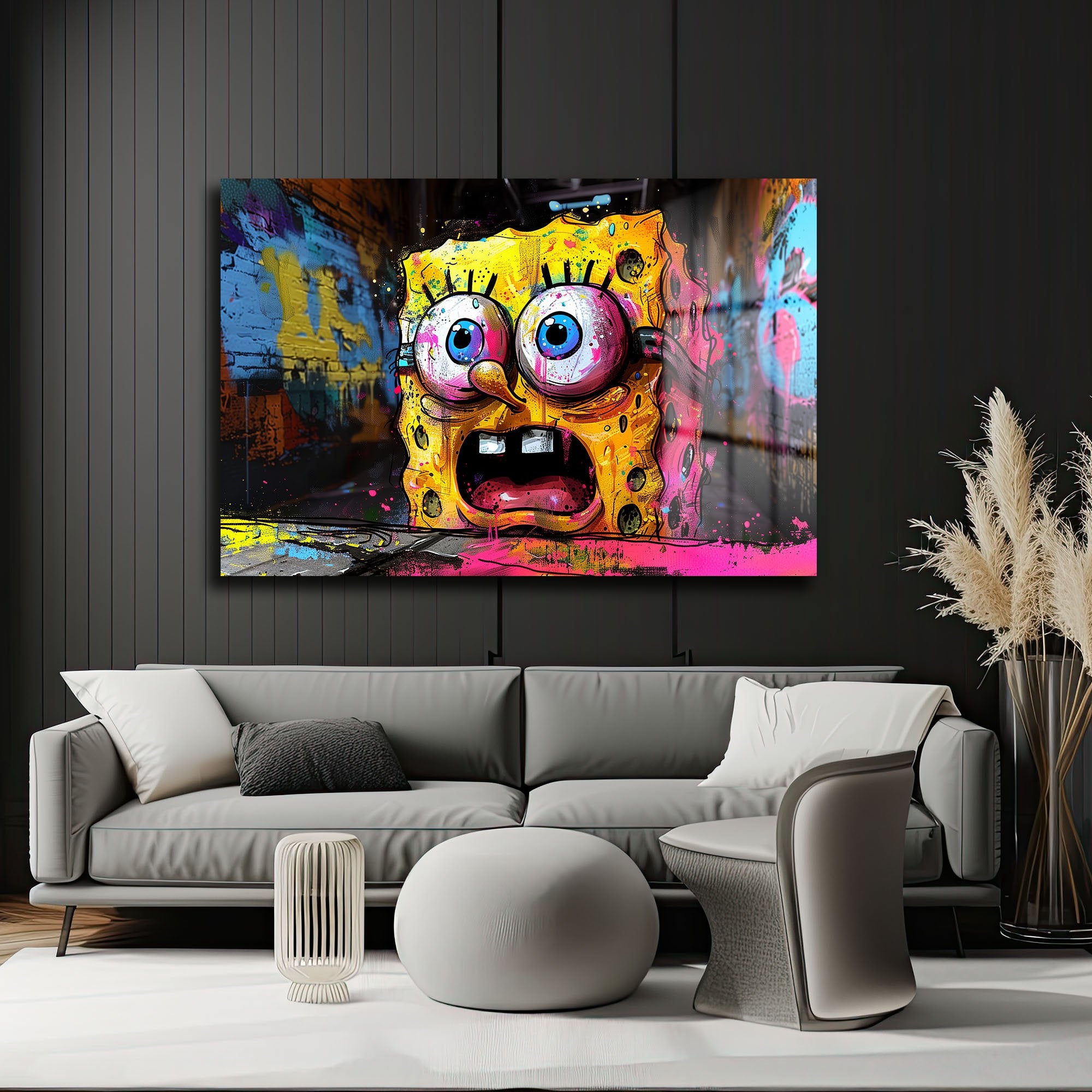 Sünger Bob'un Şaşkınlığı: Urban Graffiti Cam Tablo