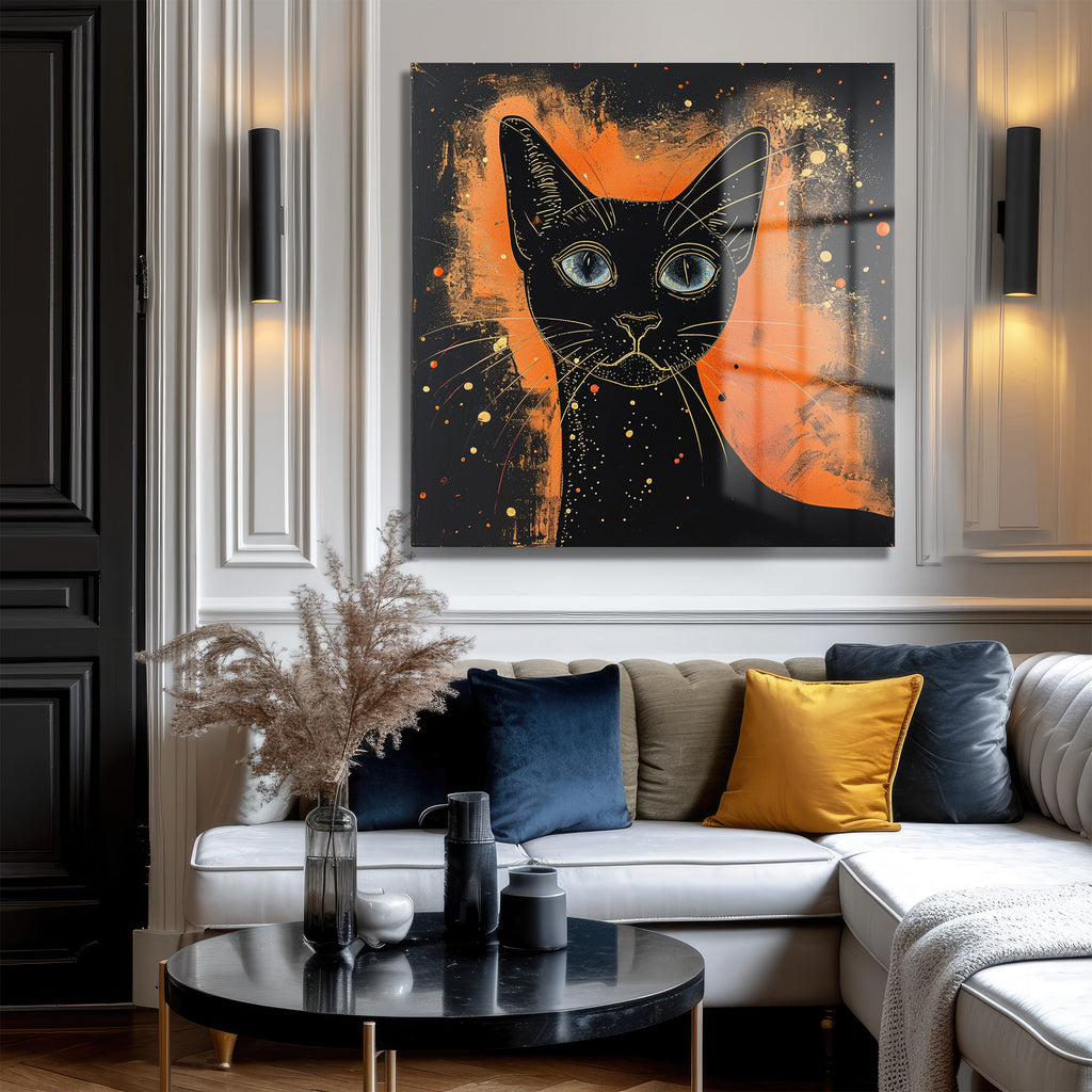 Büyüleyici Mavi Gözler: Modern Kara Kedi Temalı Temperli Cam Tablo