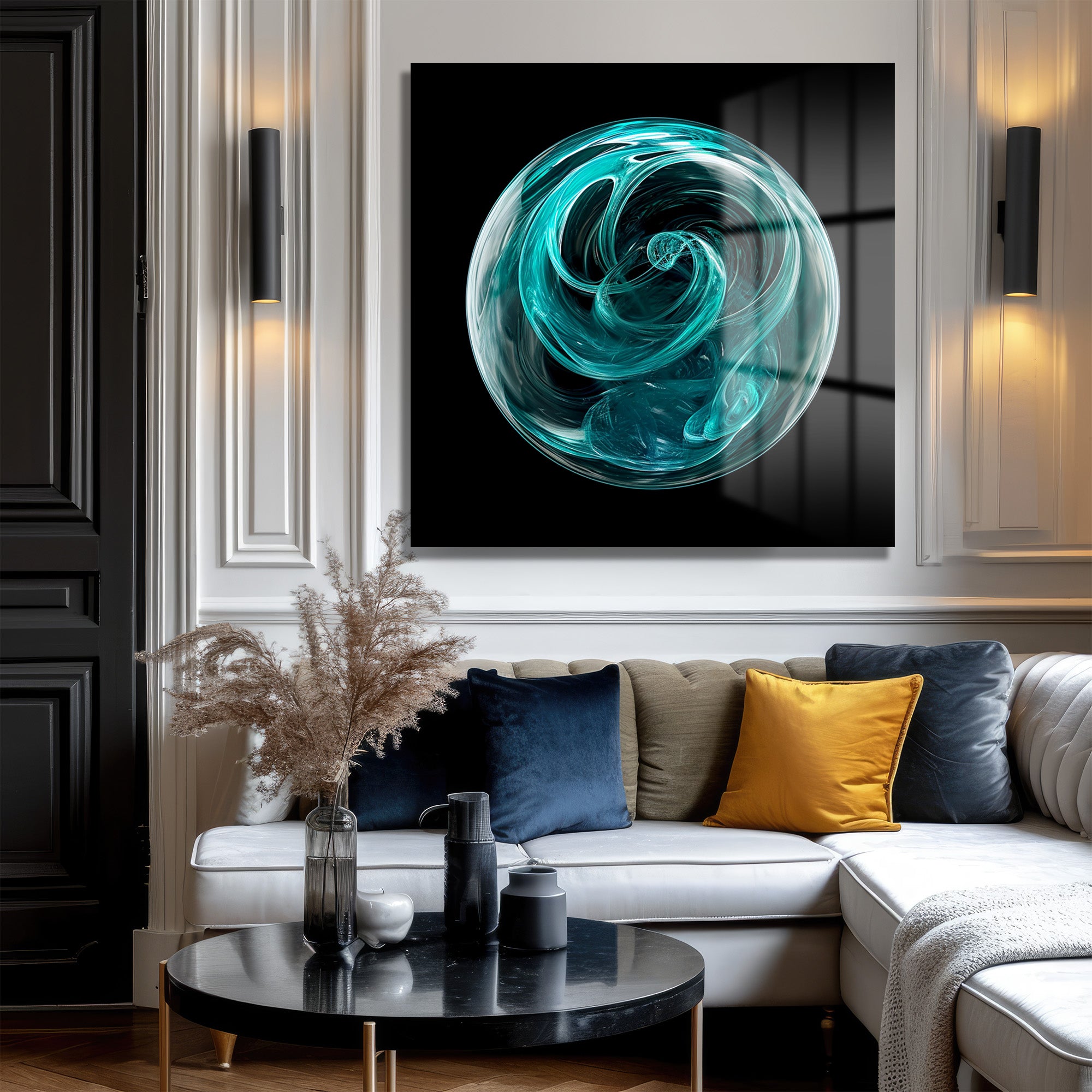 Enerjik Teal Küre Cam Tablo - Modern Soyut Sanat