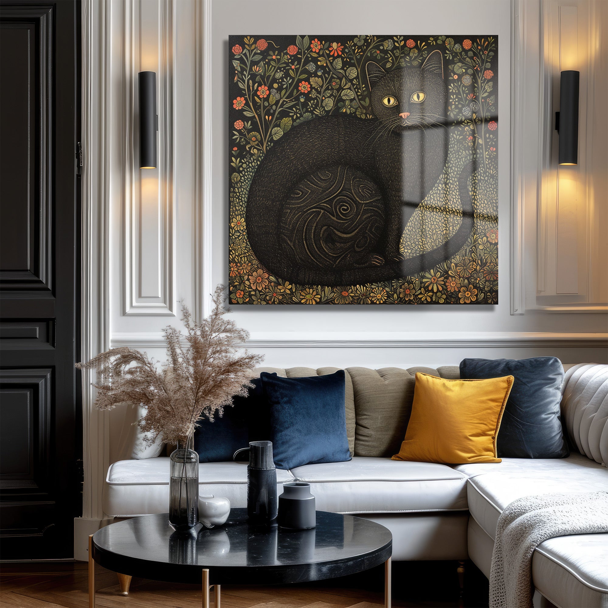 Kara Kedinin Gizemli Bahçesi: Art Nouveau Tarzı Temperli Cam Tablo