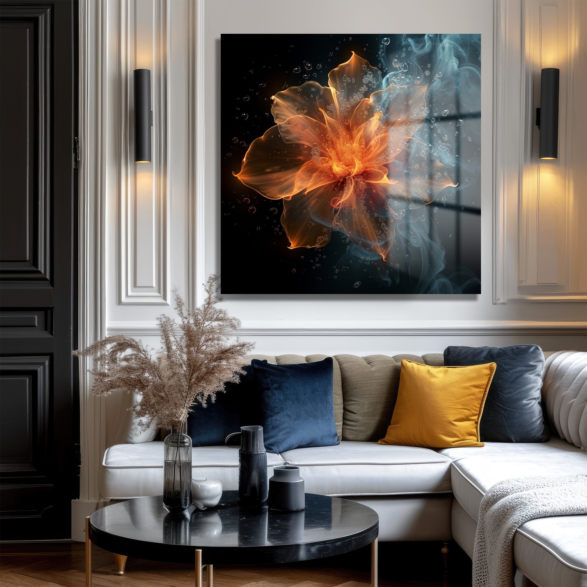 Ateş ve Suyun Büyüsü: Eterik Çiçek Temalı Modern Cam Tablo