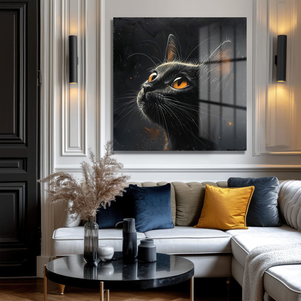 Gizemli Turuncu Gözler: Siyah Kedi Modern Dekoratif Cam Tablo