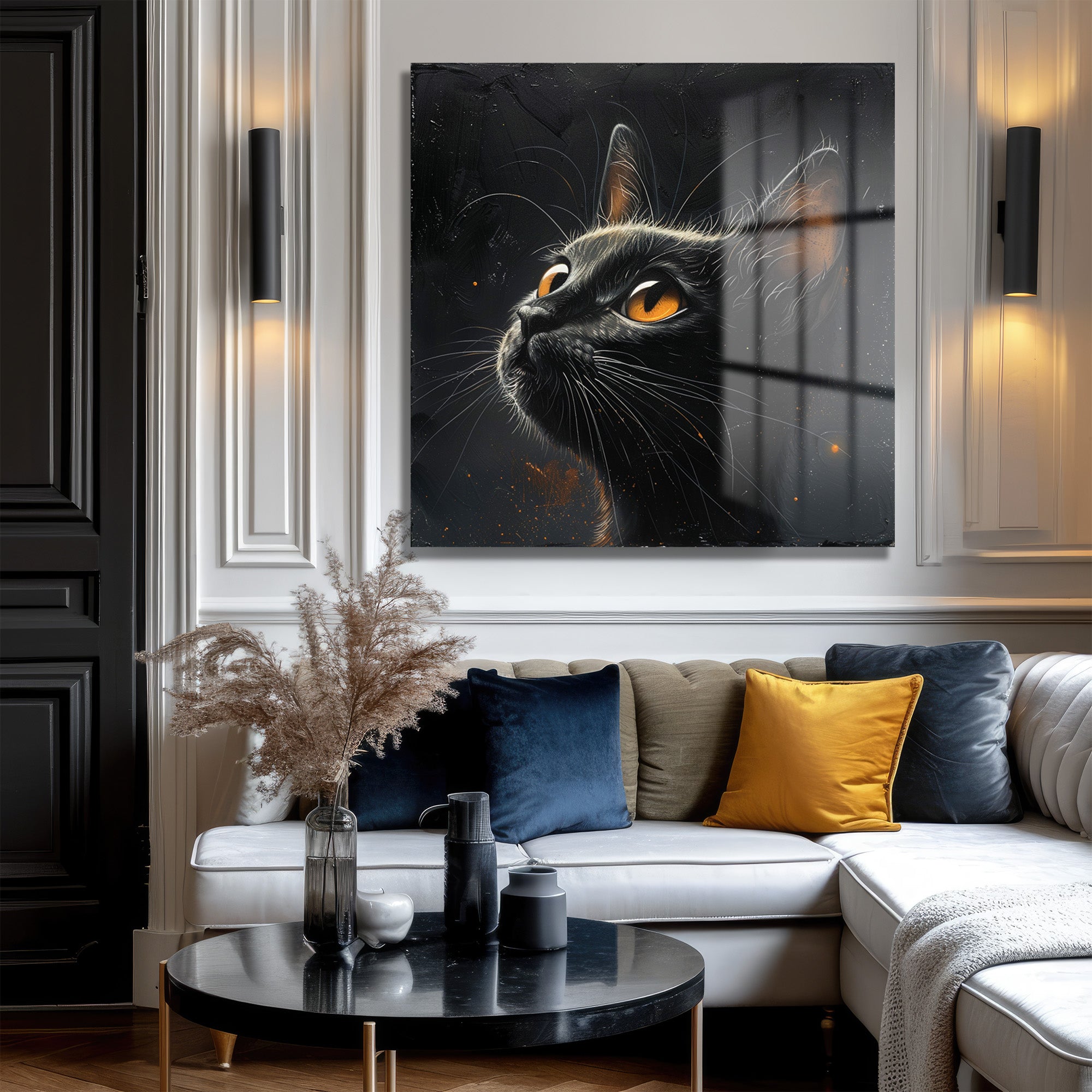 Gizemli Turuncu Gözler: Siyah Kedi Modern Dekoratif Cam Tablo