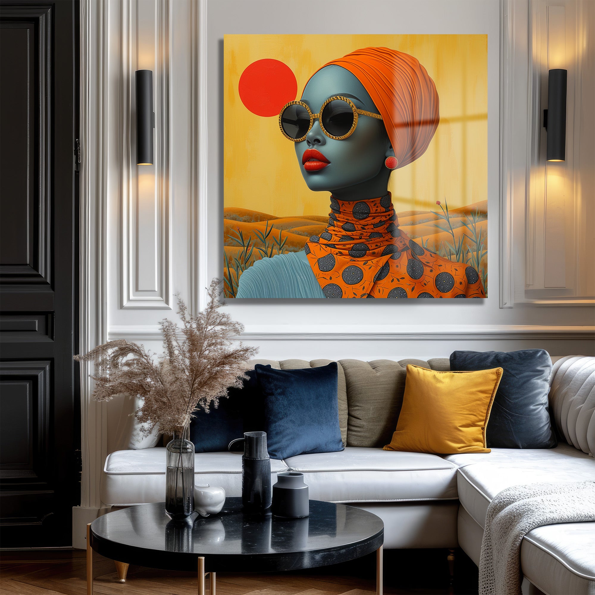 Gizemli Bakışlar: Afro Chic Modern Sanat Cam Tablo