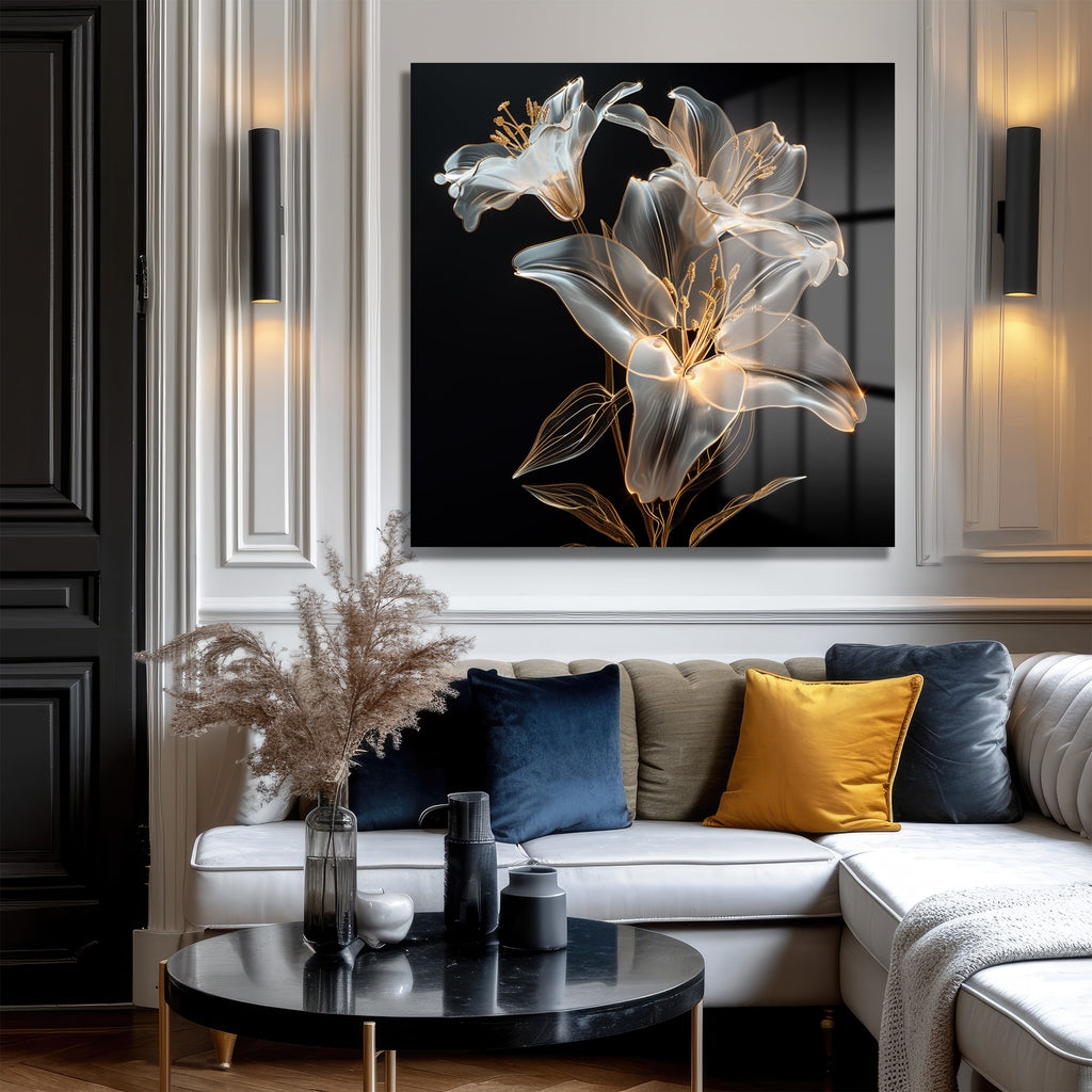 Işıltılı Zambaklar Modern Sanat Cam Tablo