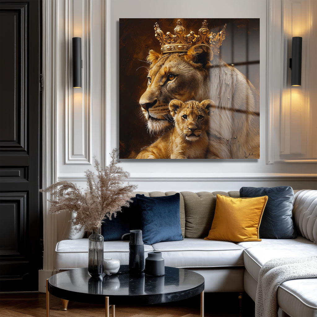 Taçlı Aslan Anne ve Yavrusu Regal Cam Tablo