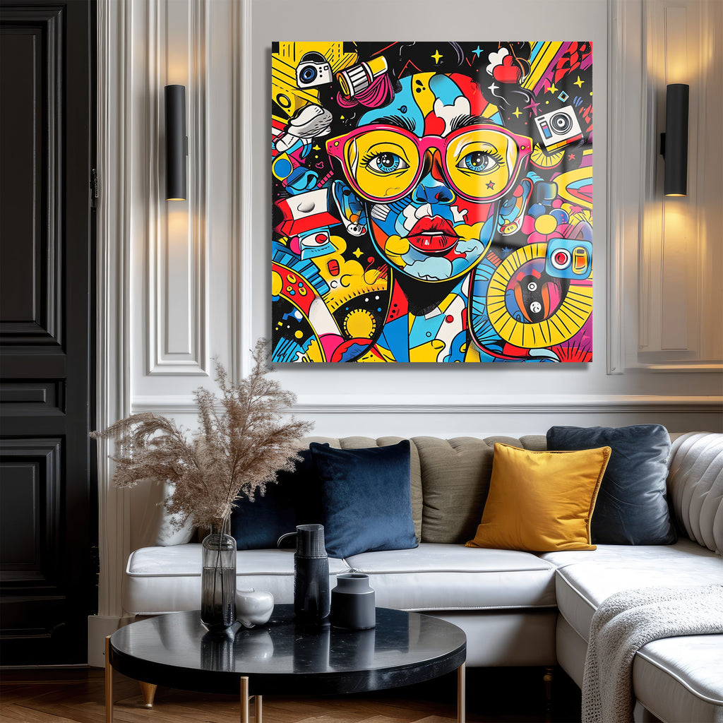 Canlı Renklerle Pop Art Kadın Portresi Temperli Cam Tablo