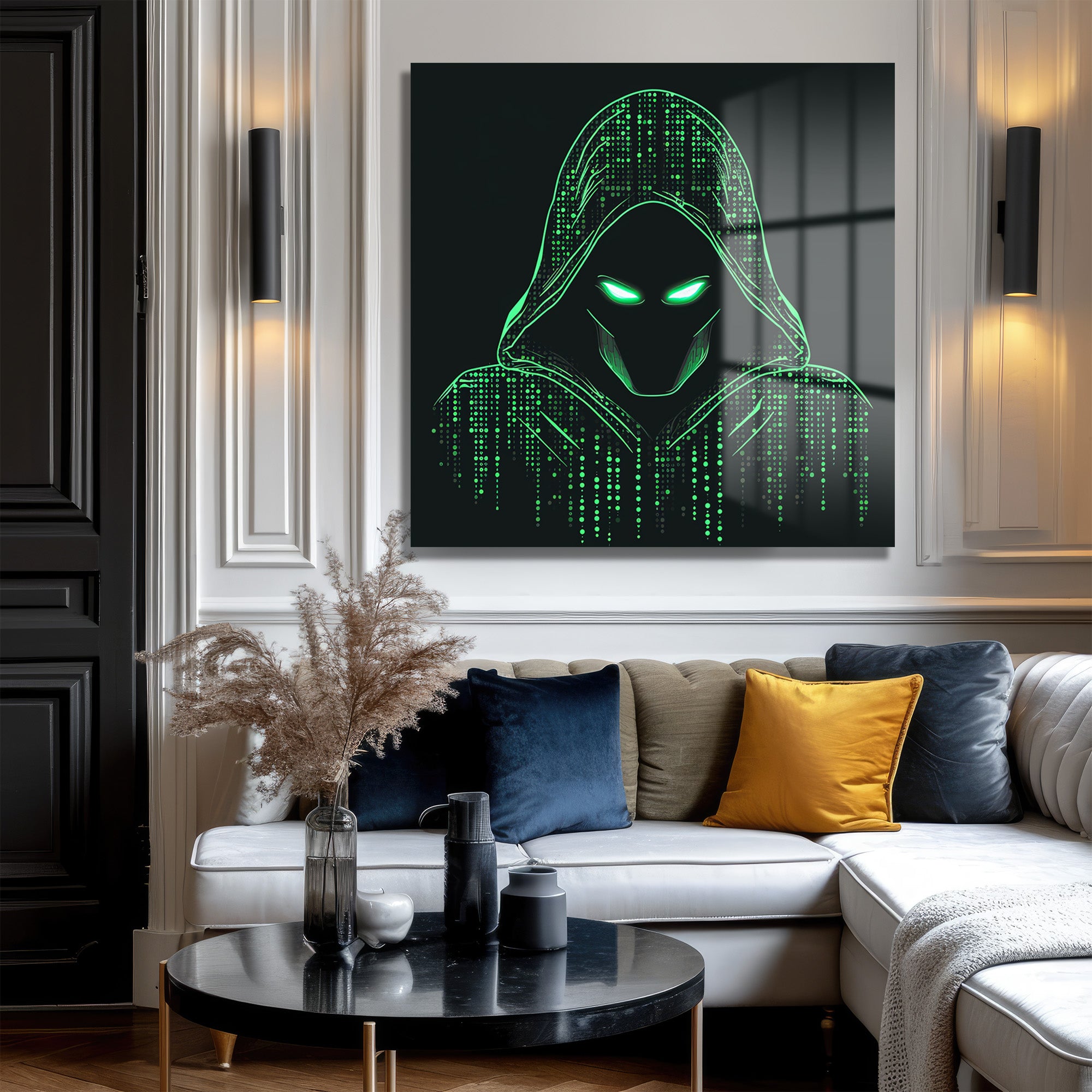 Siber Güvenlik Hacker Temalı Dijital Sanat Cam Tablo