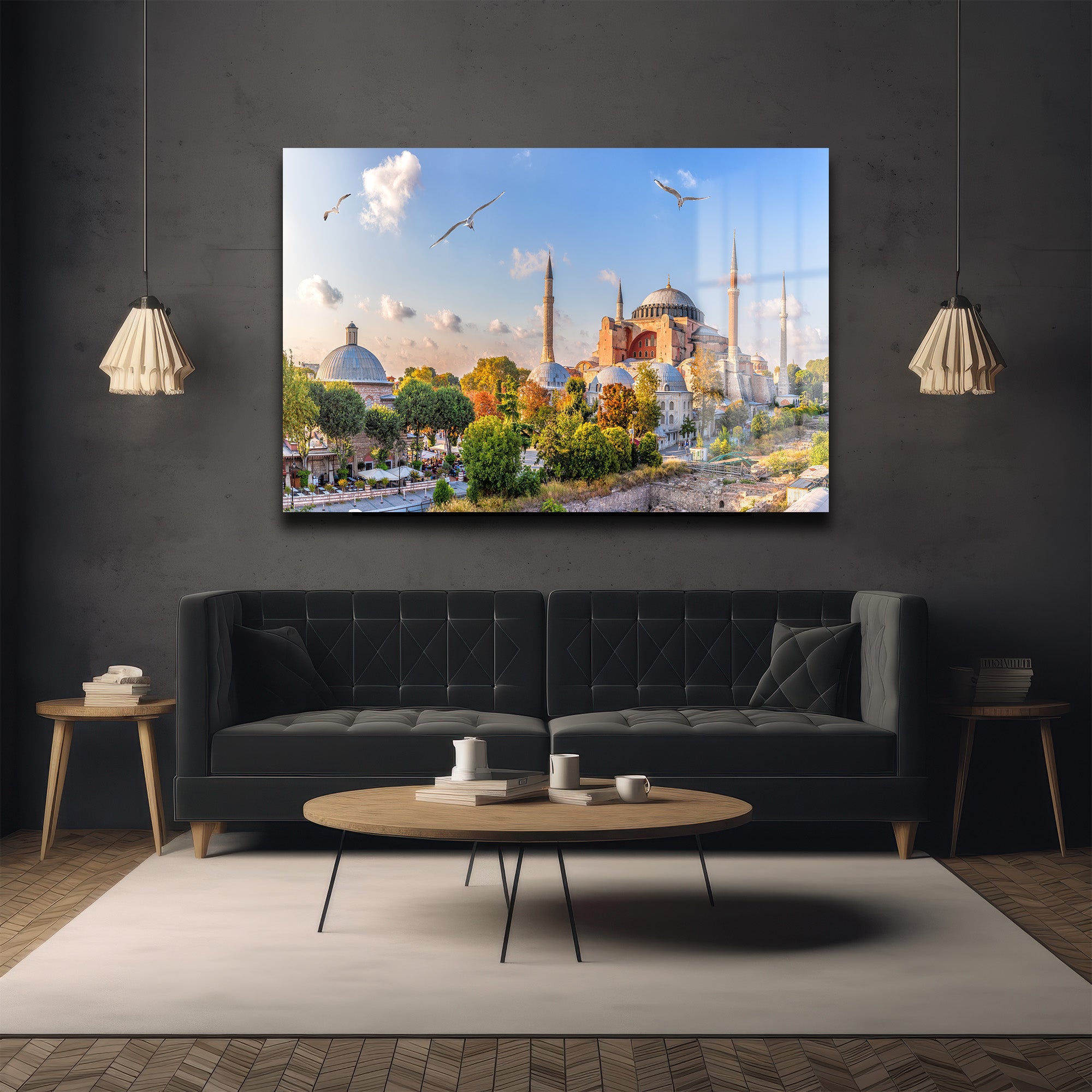 İstanbul'un Kalbi: Ayasofya ve Martılar Temalı Dekoratif Cam Tablo