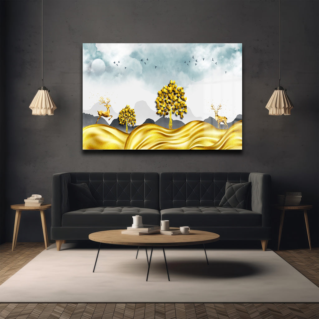 Altın Işıltılı Sonsuzluk: Geyikli Modern Cam Tablo