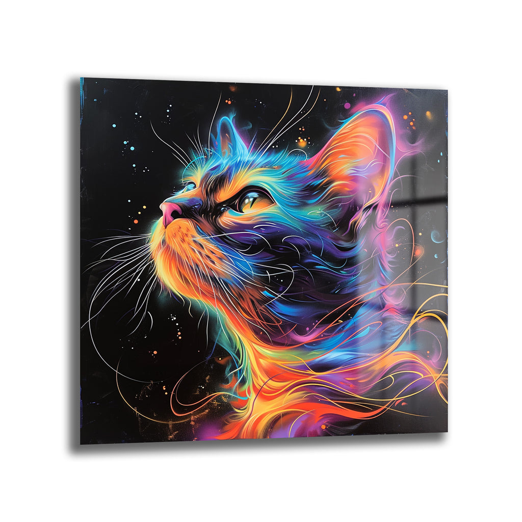 Canlı neon renklerle resmedilmiş, yukarı doğru bakan, mistik bir ifadeye sahip kedi portresi cam tablo.