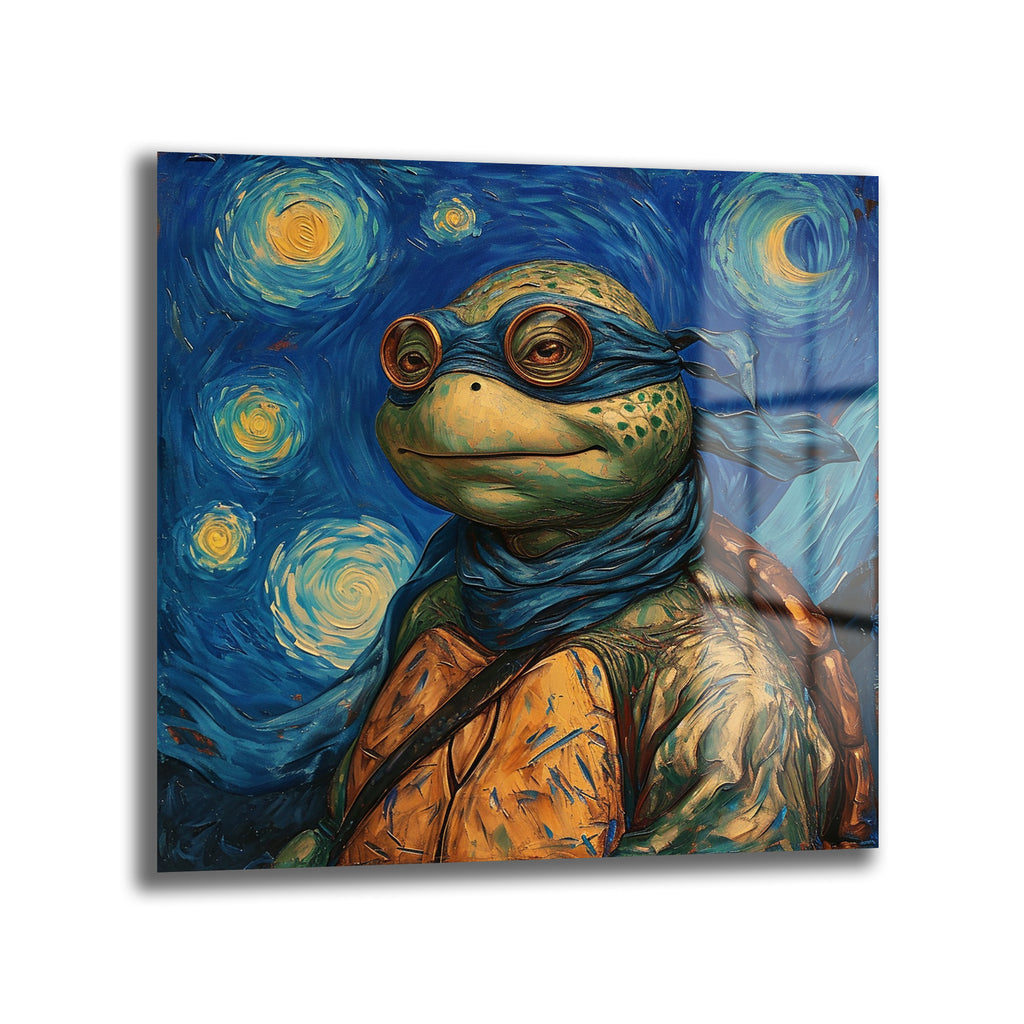 Van Gogh'un Yıldızlı Gece tablosu stilinde yapılmış, mavi göz bandı ve gözlük takan, boynunda mavi fular olan yeşil bir kaplumbağanın portresi. Arka planda koyu mavi ve turkuaz tonlarında girdaplı bir gökyüzü ve parlak sarı yıldızlar ile hilal şeklinde ay motifleri bulunuyor. Tablo, kalın fırça darbeleriyle yağlı boya dokusunu yansıtıyor.