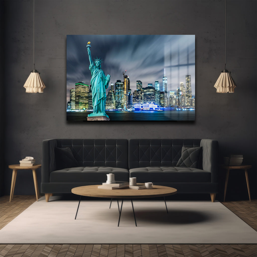 Özgürlüğün Şehri: New York Özgürlük Heykeli Manzaralı Cam Tablo