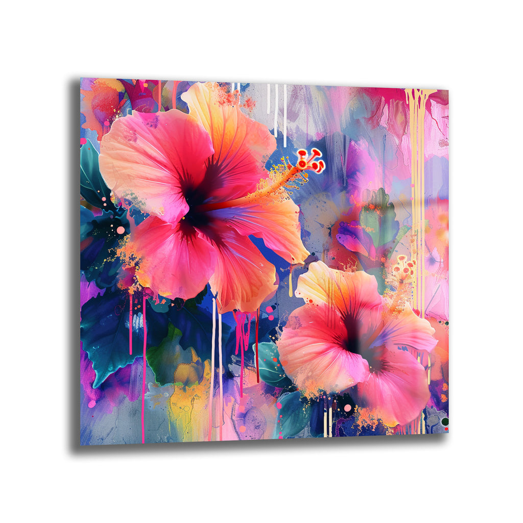 Canlı pembe ve turuncu tonlarda iki adet hibiskus çiçeğinin, soyut ve damlama efektleriyle zenginleştirilmiş renkli bir arka plan üzerinde yer aldığı modern cam tablo. Sanatsal sıçramalar ve parlak renklerle dolu.