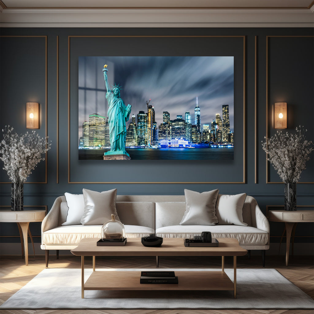 Özgürlüğün Şehri: New York Özgürlük Heykeli Manzaralı Cam Tablo