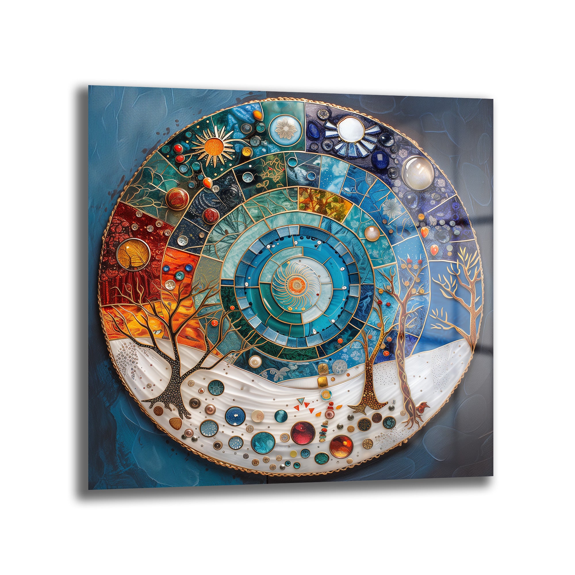 Dört mevsimi ve doğanın döngüsünü temsil eden, mozaik ve vitray sanatını anımsatan, canlı renklerde detaylı dairesel cam tablo. Sanat eseri, ortasında spiral bir desen ve kenarlarında ağaç motifleri barındırır.