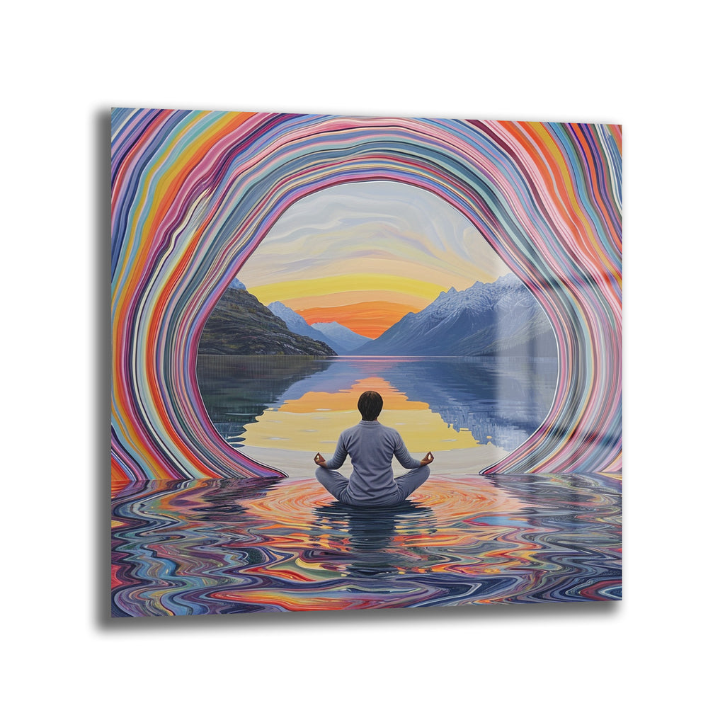 Lotus pozisyonunda, göle yansıyan renkli gün batımı ve dağ manzarası önünde meditasyon yapan bir figürün, etrafını saran gökkuşağı renklerinde dalgalı bir kemerle çevrili olduğu modern cam tablo.