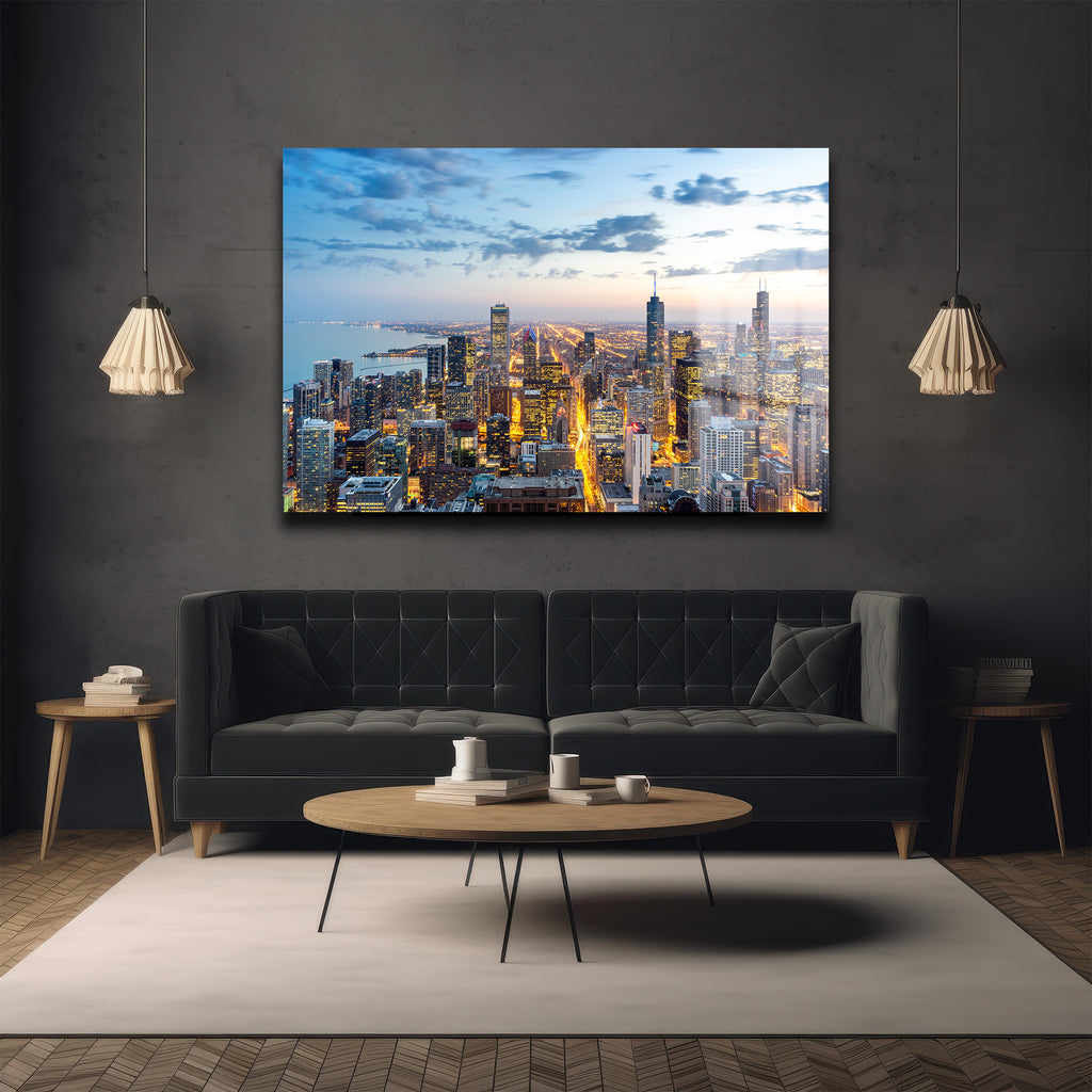Işıltılı Metropol: Chicago Şehir Manzarası Modern Cam Tablo