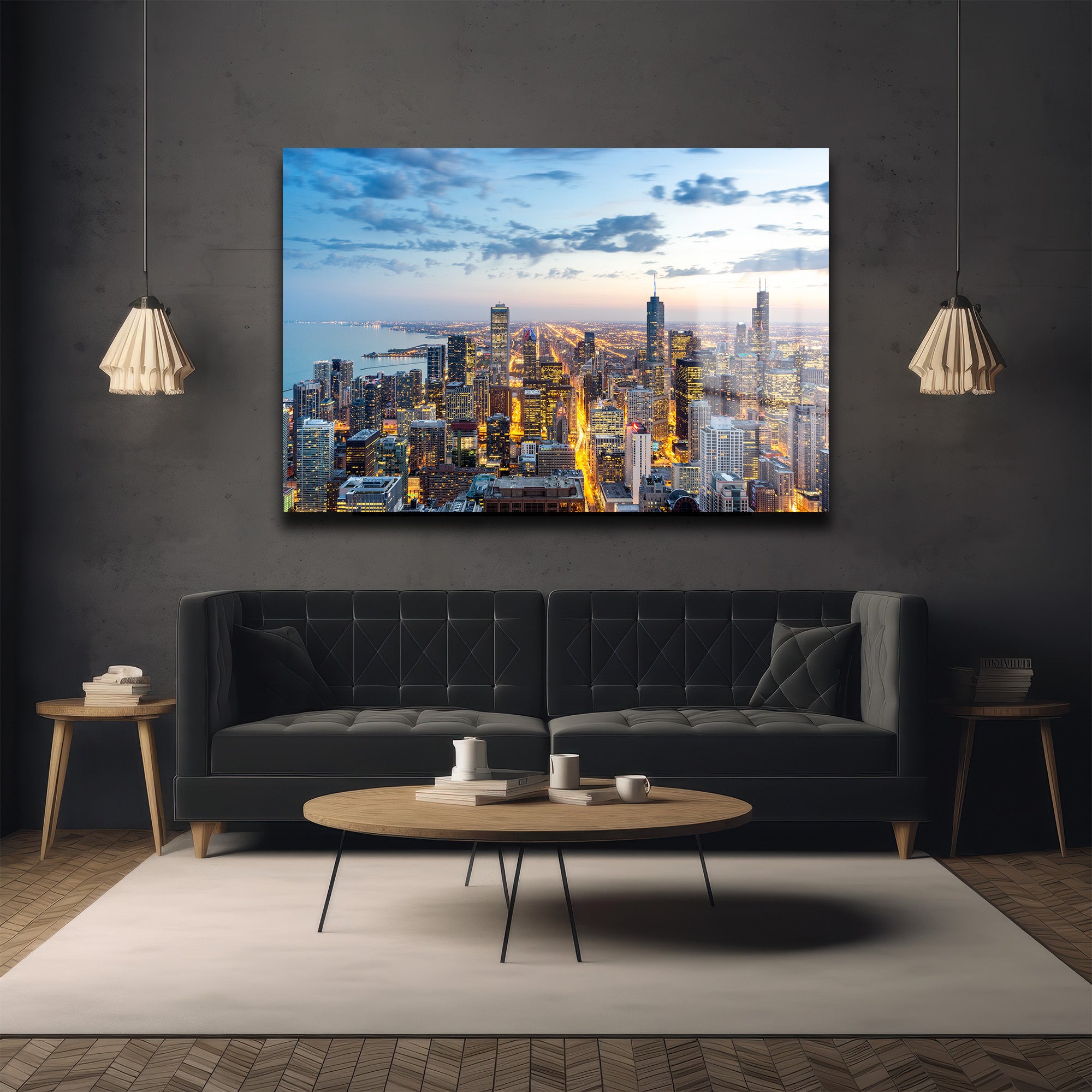 Işıltılı Metropol: Chicago Şehir Manzarası Modern Cam Tablo
