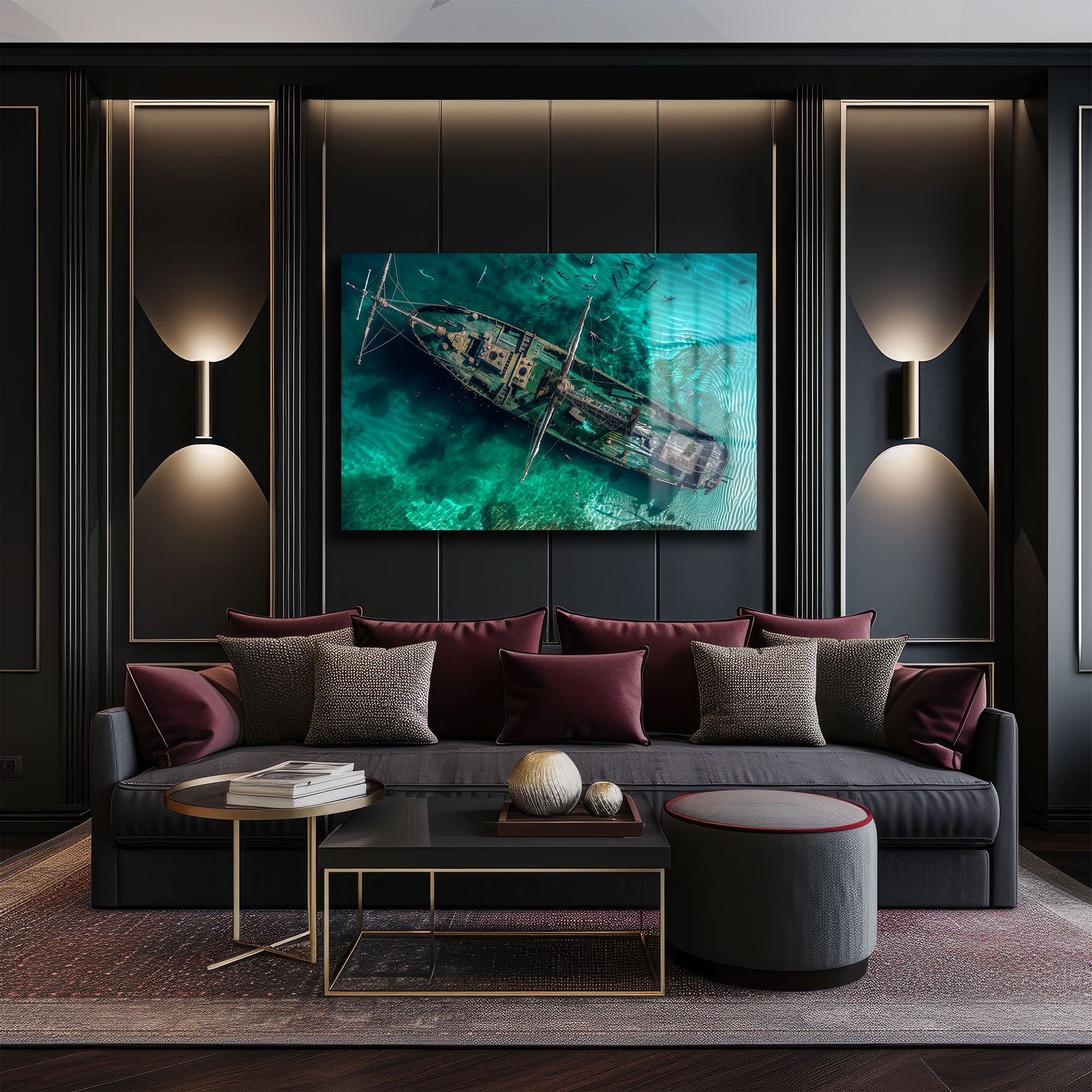 Turkuaz Suların Gizemi: Batık Gemi Manzarası Temperli Cam Tablo