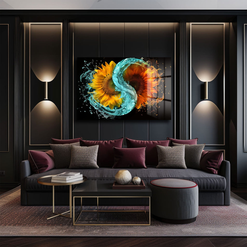 Ateş ve Su Ayçiçeği Dansı: Yin Yang Temalı Modern Cam Tablo