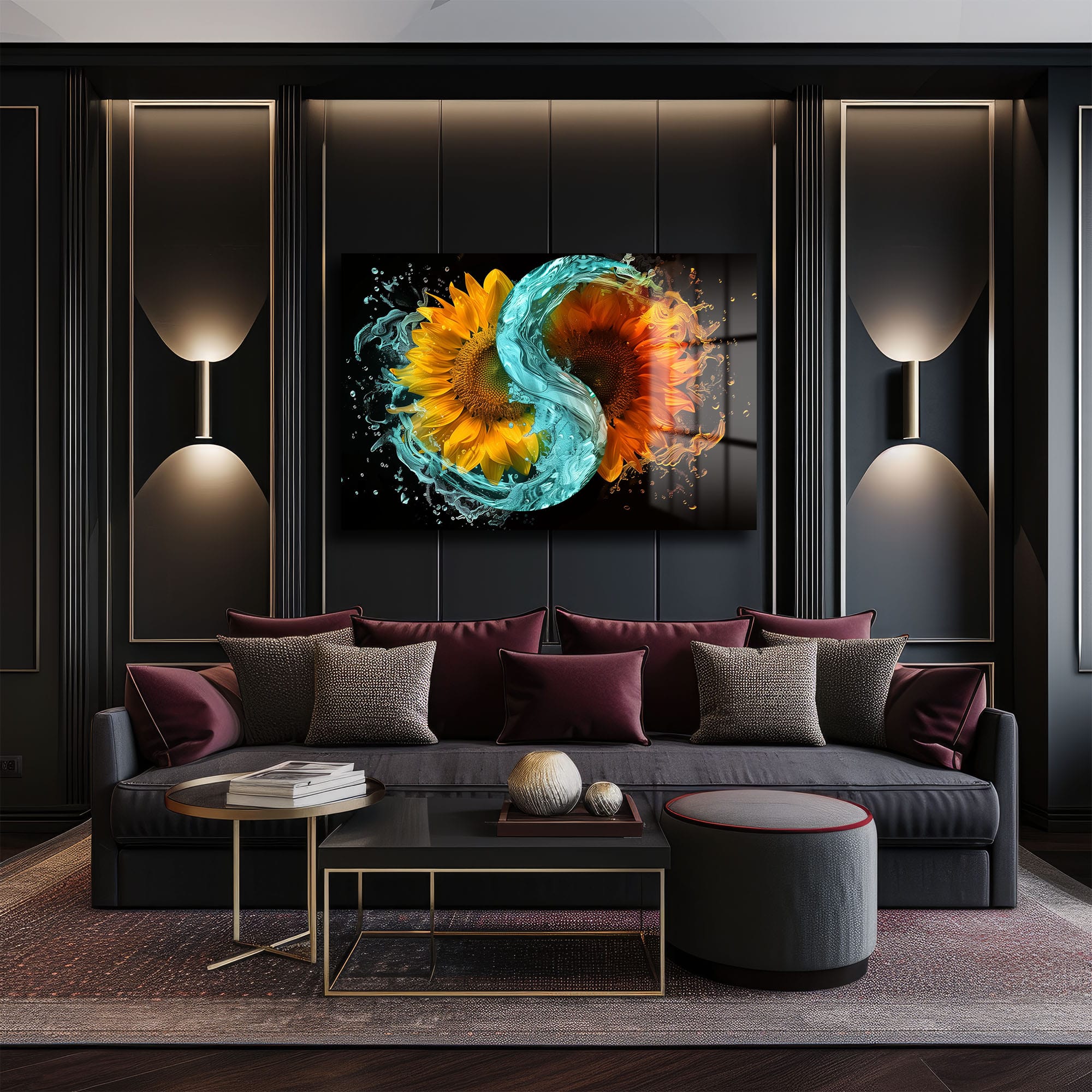 Ateş ve Su Ayçiçeği Dansı: Yin Yang Temalı Modern Cam Tablo