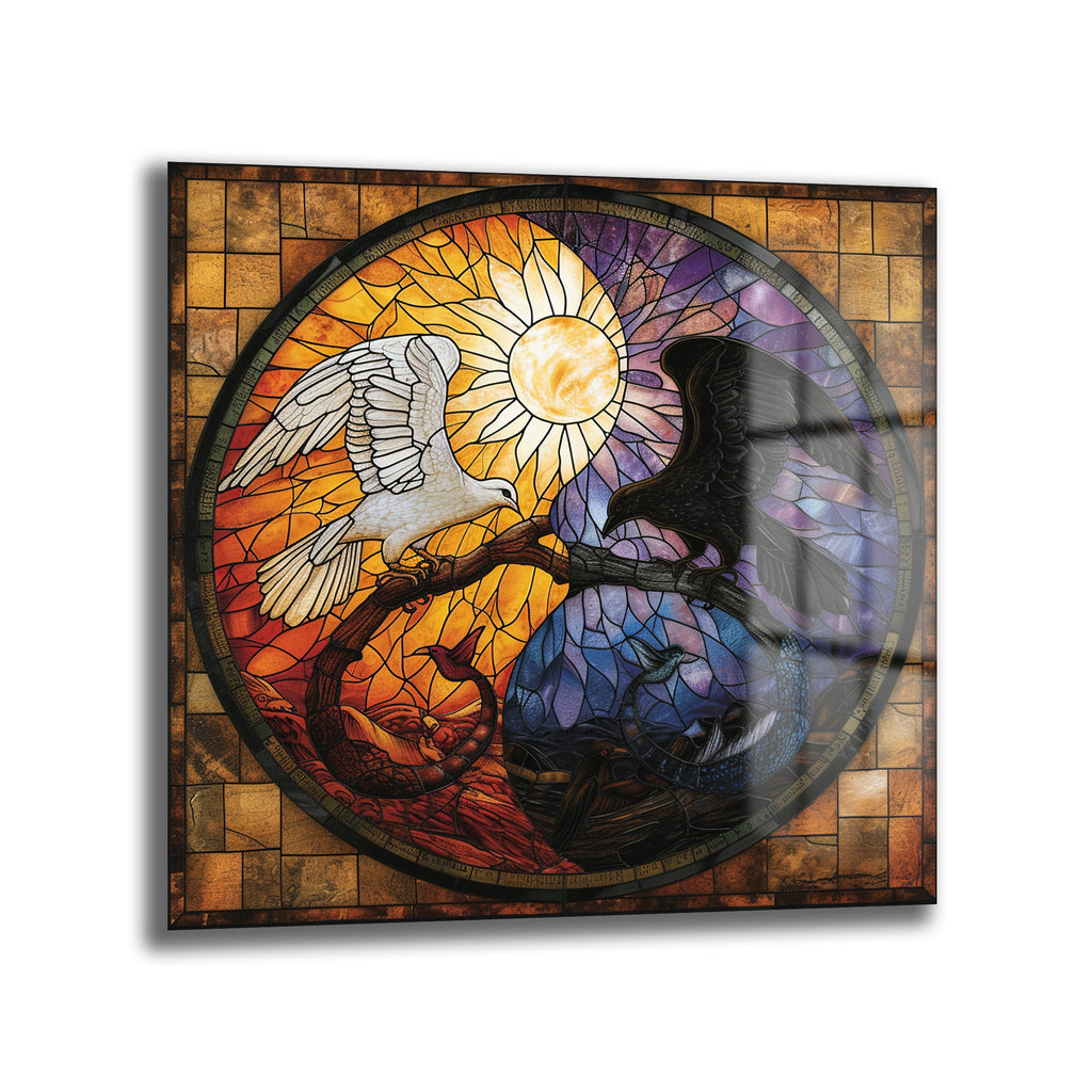 Stained glass tarzında tasarlanmış, Yin-Yang sembolünü yansıtan, bir tarafında beyaz güvercin ve güneşin sıcak tonları, diğer tarafında siyah karga ve ayın soğuk tonlarının yer aldığı, denge ve zıtlıkları anlatan sanatsal cam tablo.