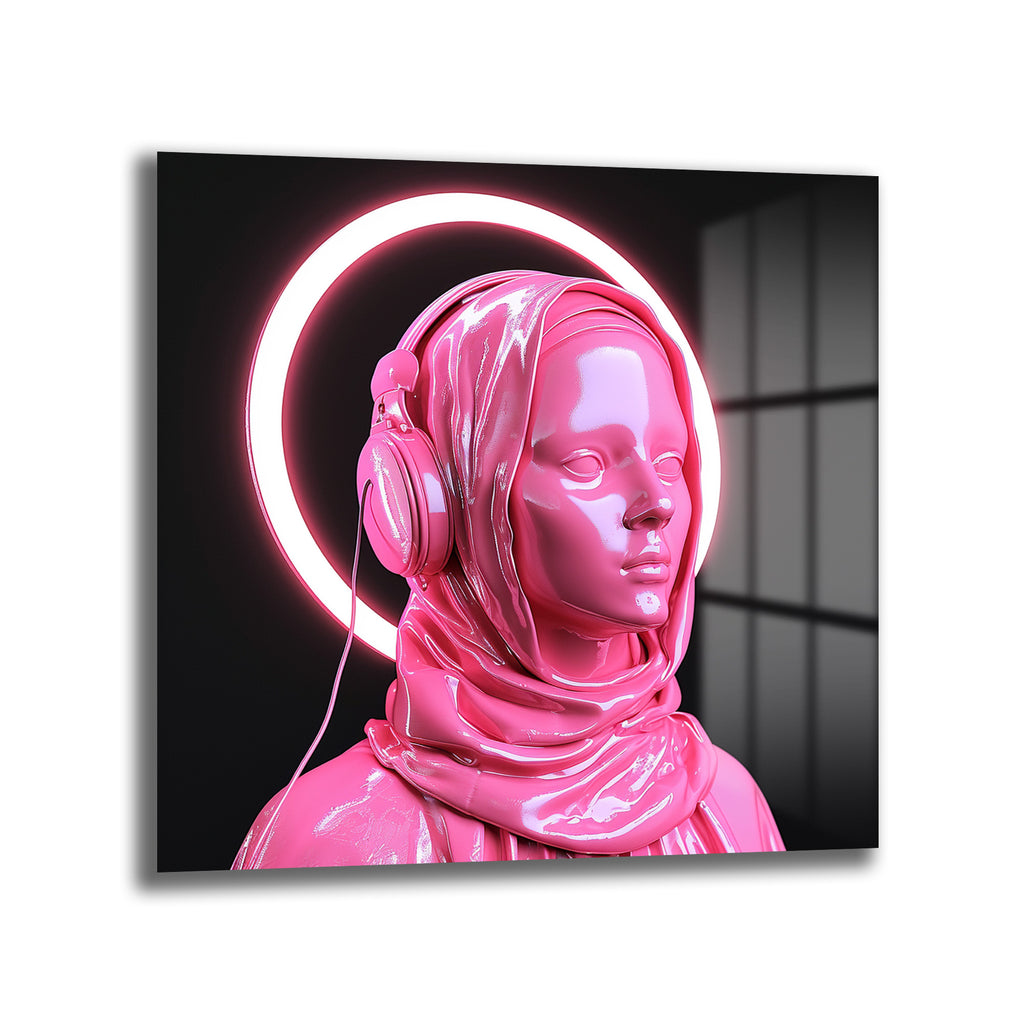 Pembe, parlak yüzeyli, fütüristik bir kadın büstünün kulaklık takılı ve başı örtülü şekilde karanlık bir arka plan önünde, başında neon pembe bir halka ile gösterildiği modern sanat cam tablo.