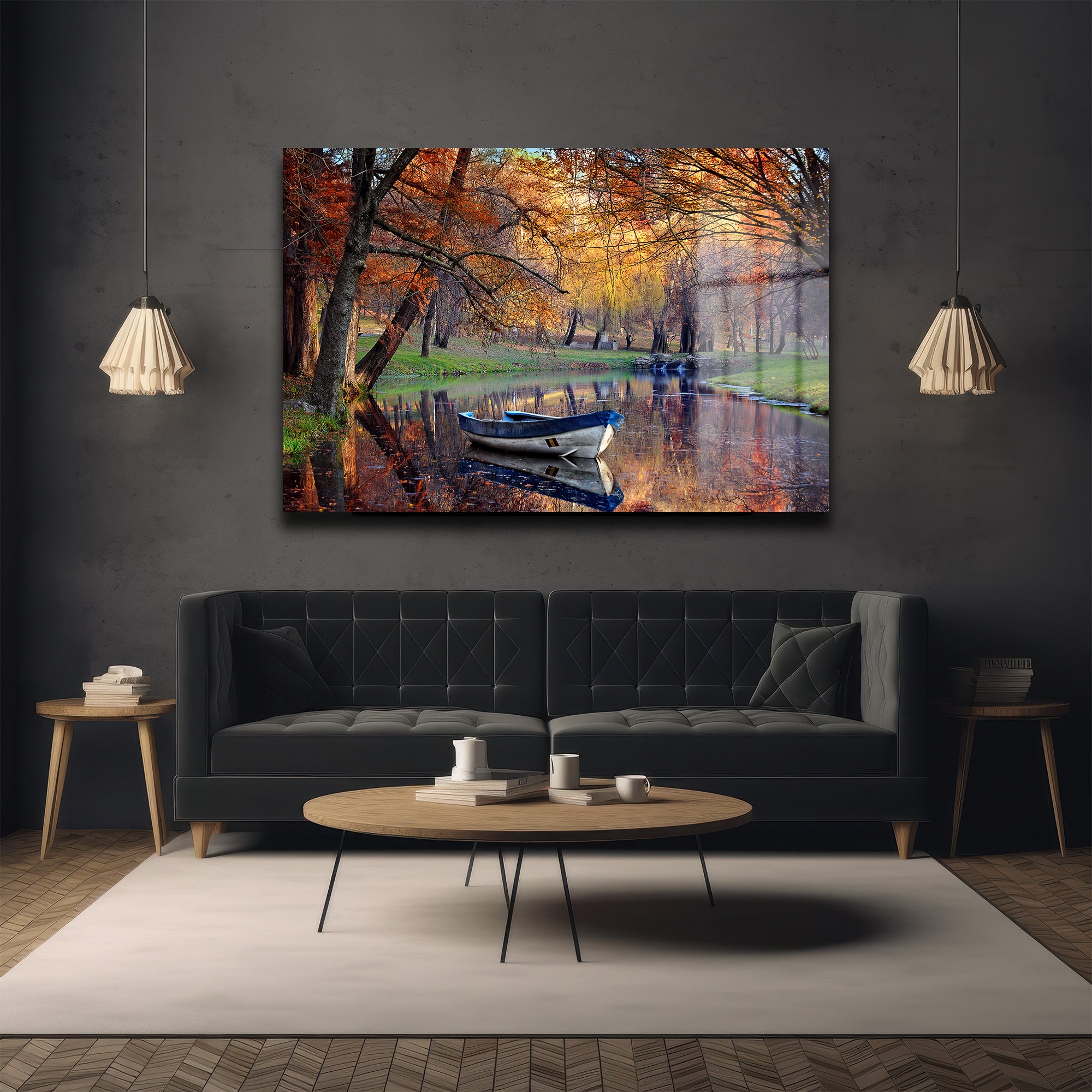 Sonbahar Huzuru: Nehirde Tekne Manzaralı Dekoratif Cam Tablo