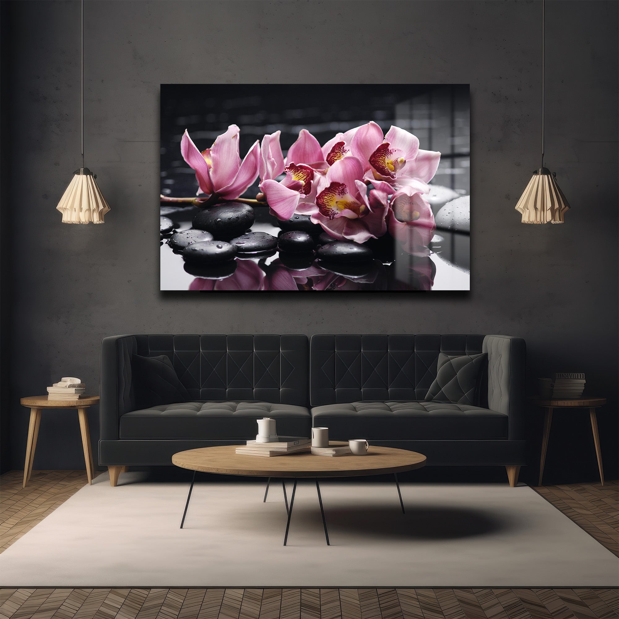 Zen Bahçesi: Pembe Orkide ve Spa Taşları Modern Cam Tablo