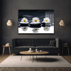 Zen Papatyalar ve Siyah Taşlar: Huzur Veren Modern Cam Tablo