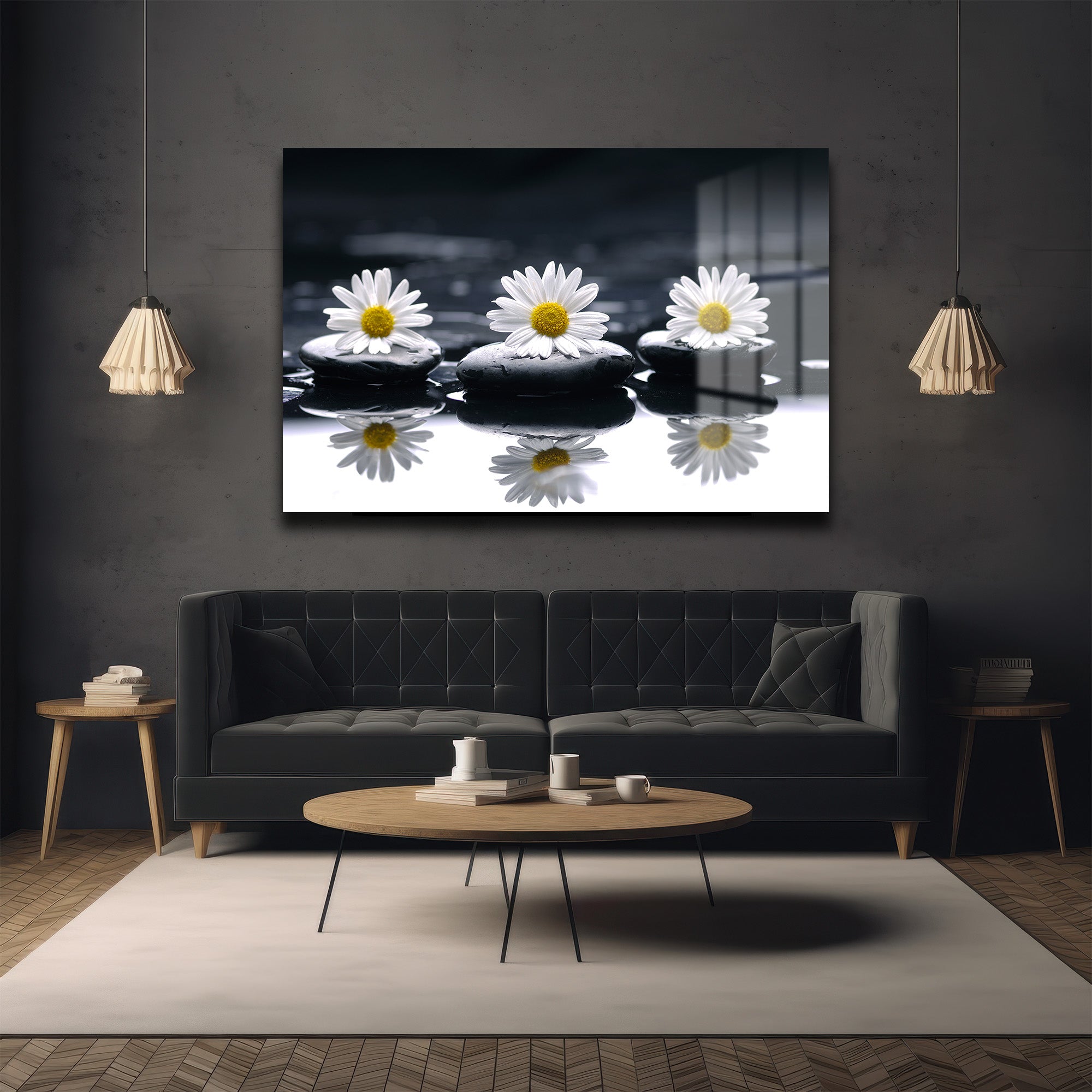 Zen Papatyalar ve Siyah Taşlar: Huzur Veren Modern Cam Tablo