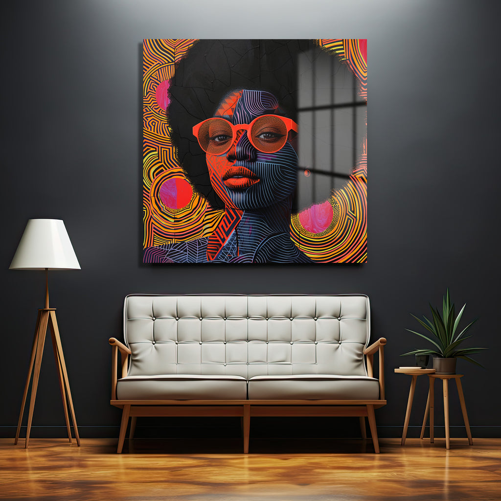 Vibrant Afro Stil Kadın Portresi Modern Cam Tablo