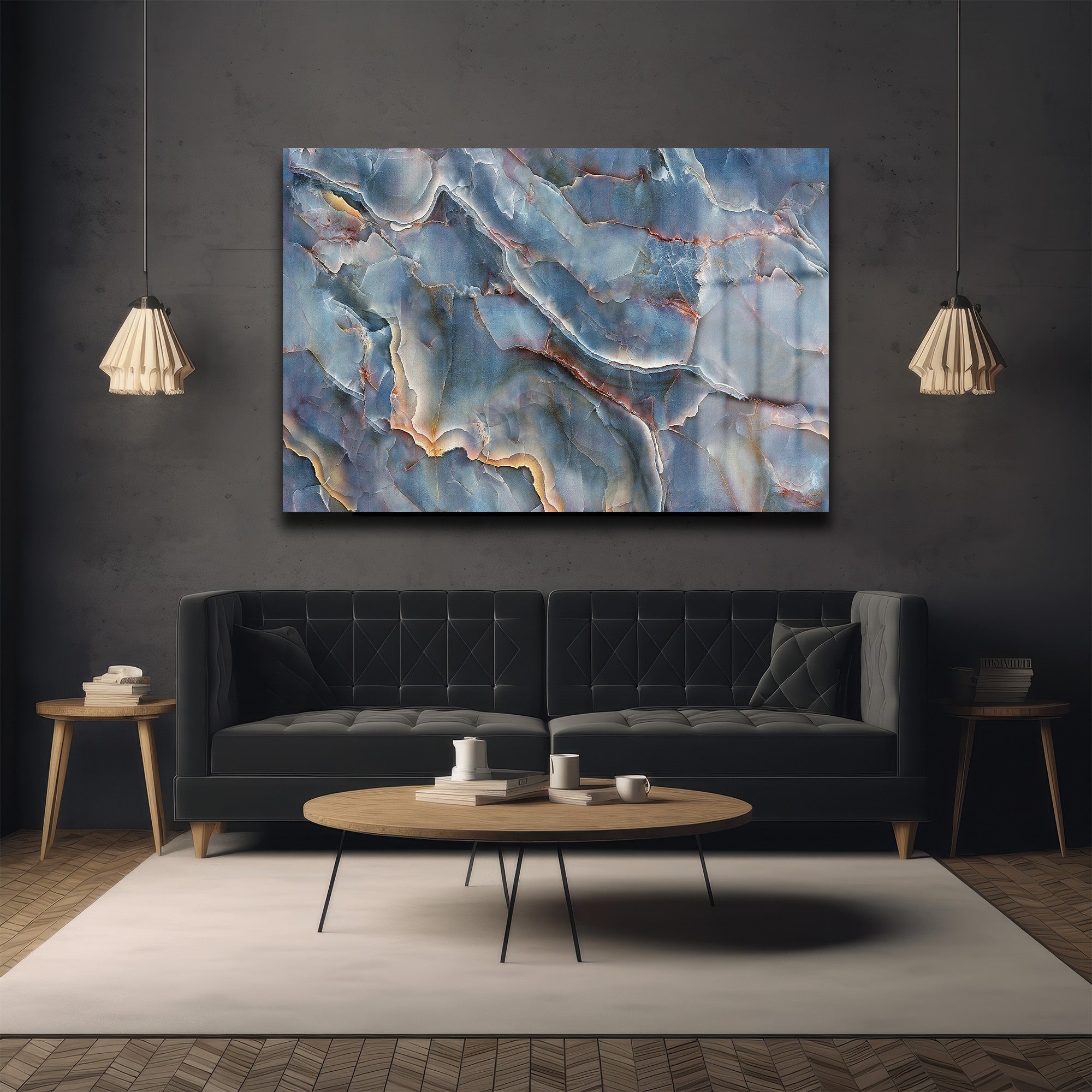 Derinliklerin Dansı: Mavi Onyx Desenli Modern Cam Tablo