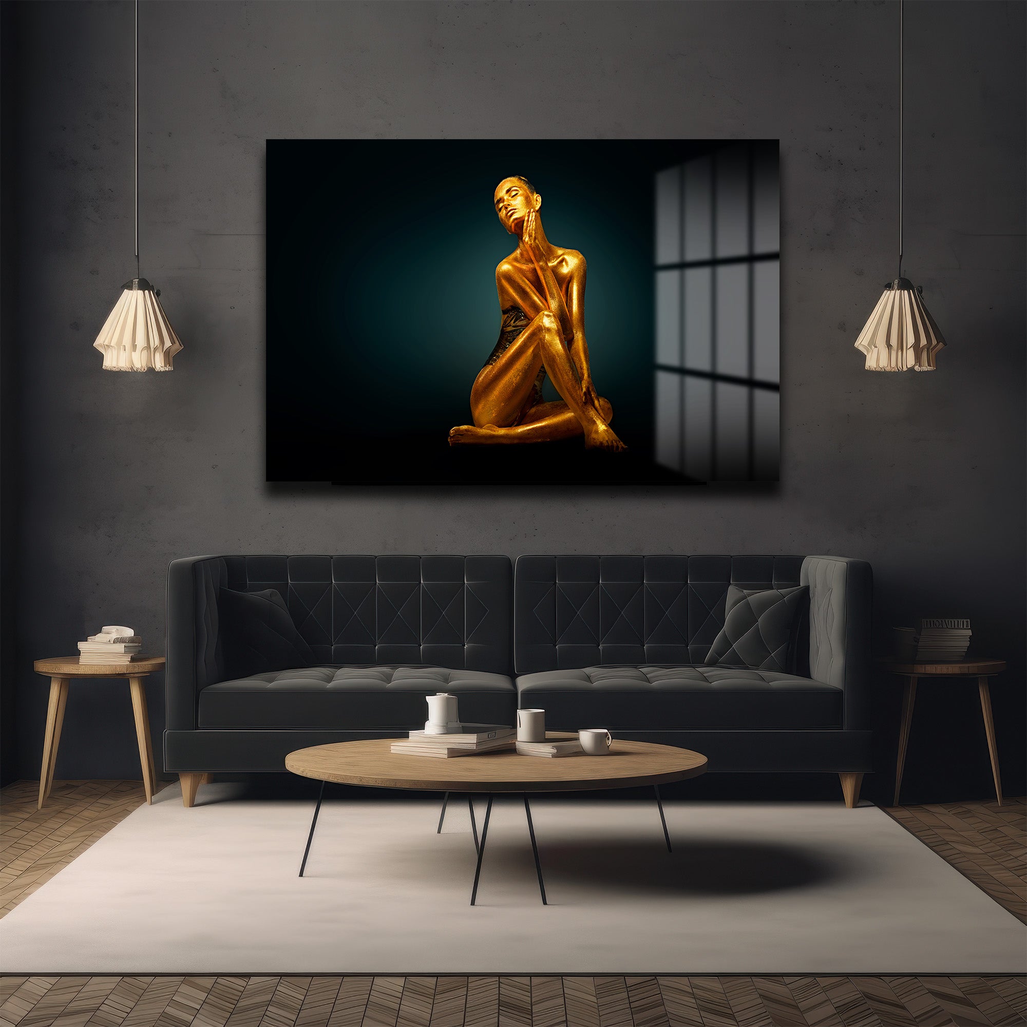 Altın Aura: Büyüleyici Modern Sanat Cam Tablo
