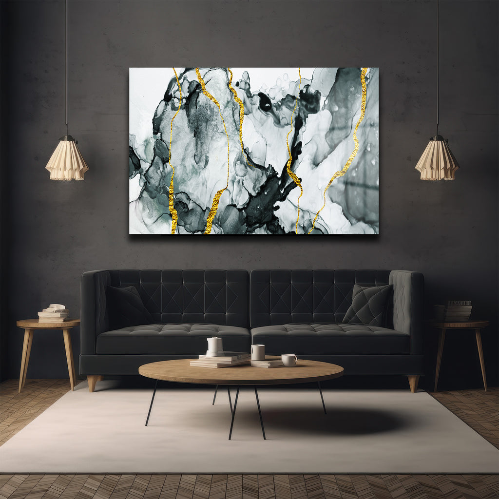 Kintsugi Ruhu: Altın Damarlı Siyah Beyaz Soyut Cam Tablo