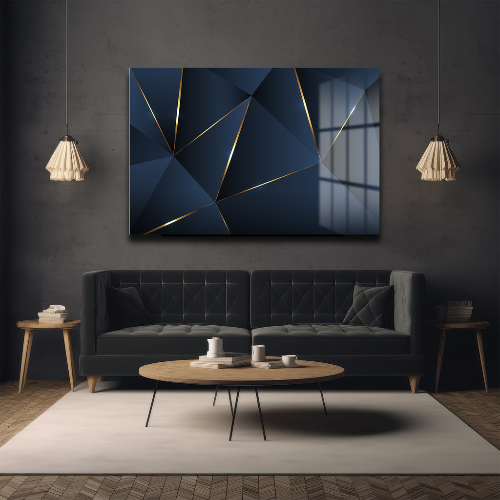 Geometrik Altın Dokunuşlar: Lacivert Modern Cam Tablo