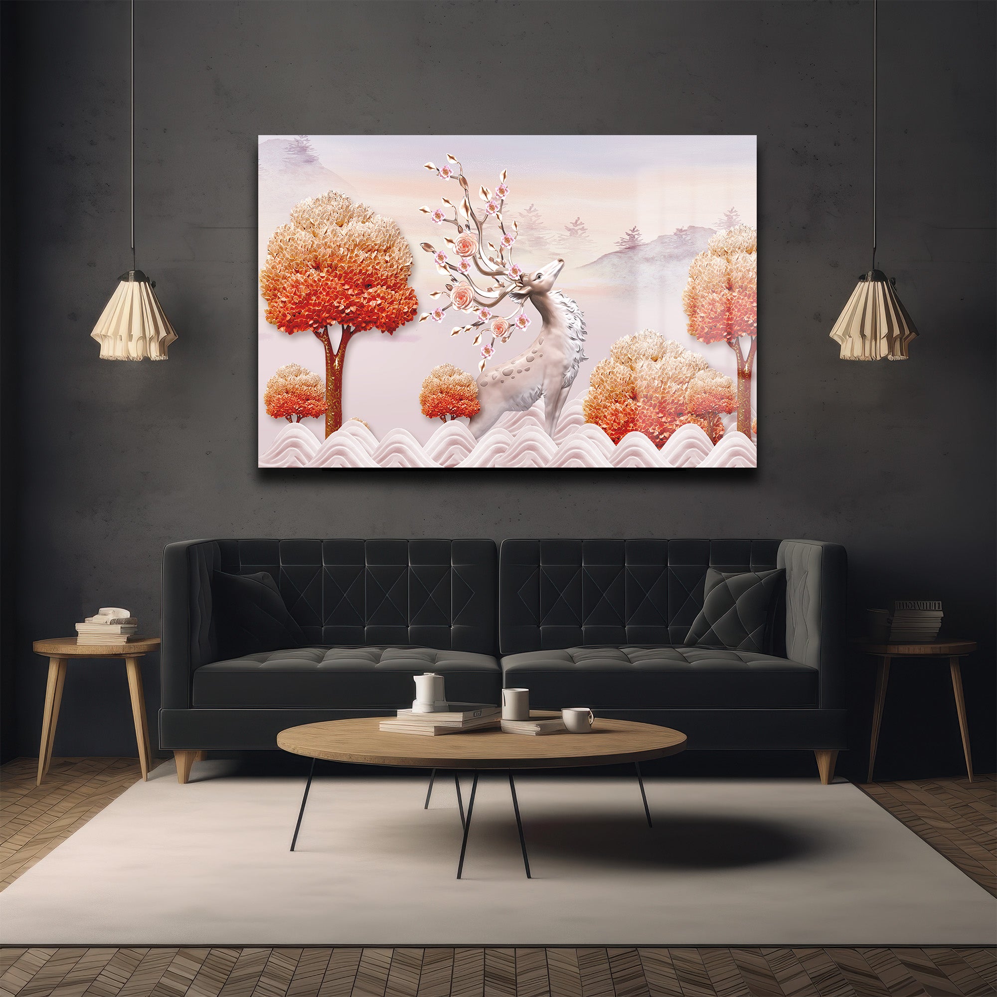 Rüya Ormanı Geyiği: Çiçekli Boynuzlu Modern Cam Tablo