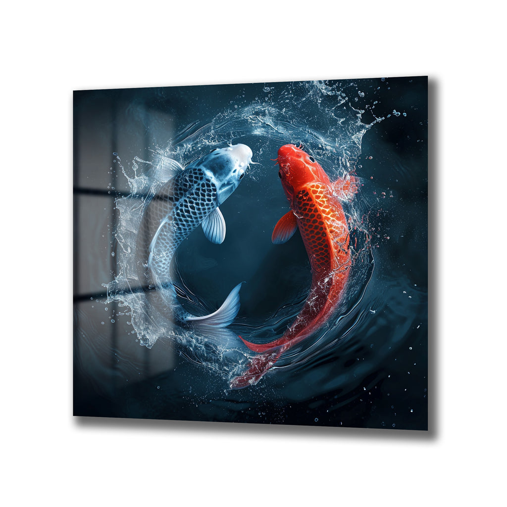 Yin Yang Koi Balıkları Cam Tablo - Su Dansı ve Uyum