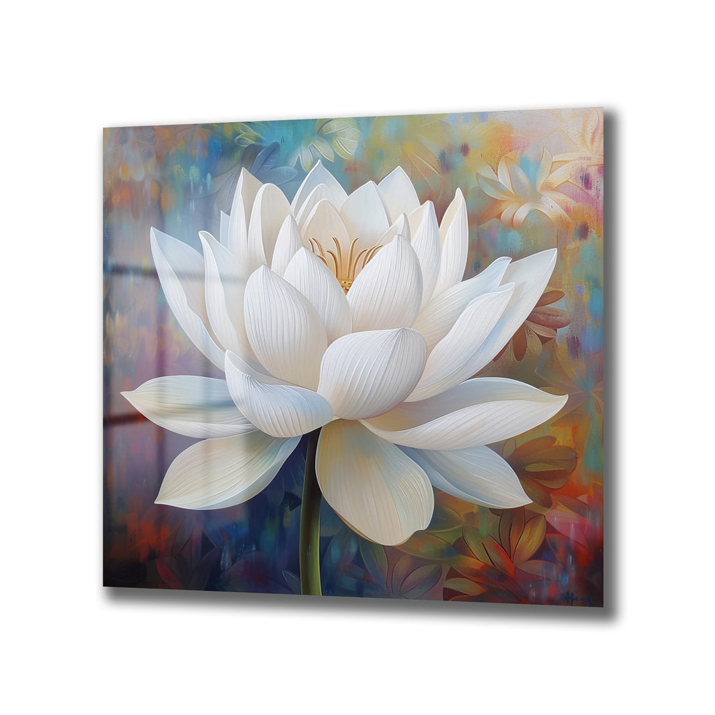 Zarif Beyaz Lotus Çiçeği Modern Sanat Cam Tablo