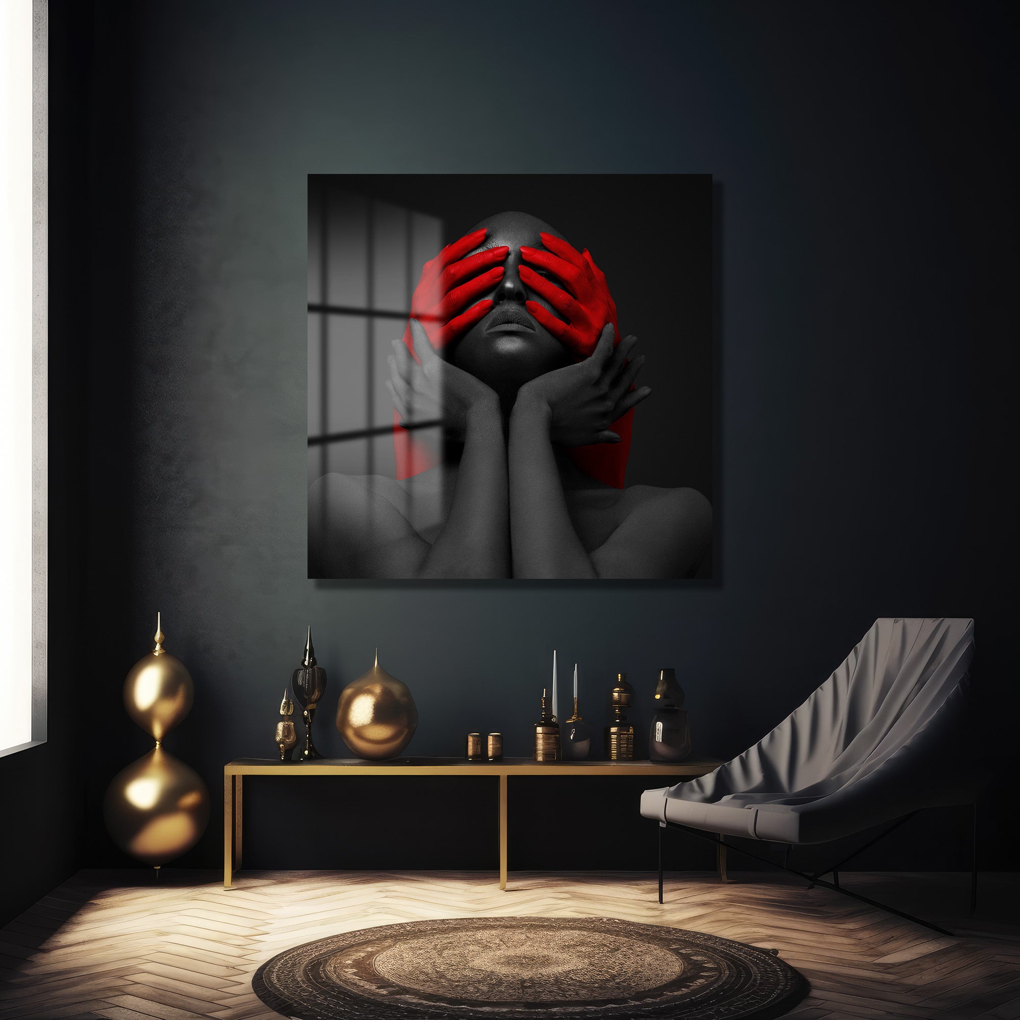 Kırmızı Ellerle Gizemli Bakış Cam Tablo - Modern Sanat Eseri