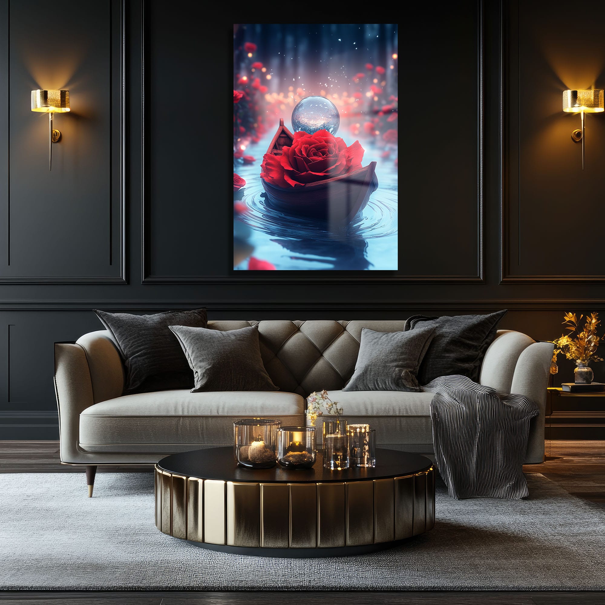 Aşkın Büyülü Yolculuğu: Kırmızı Gül ve Kristal Küre Cam Tablo