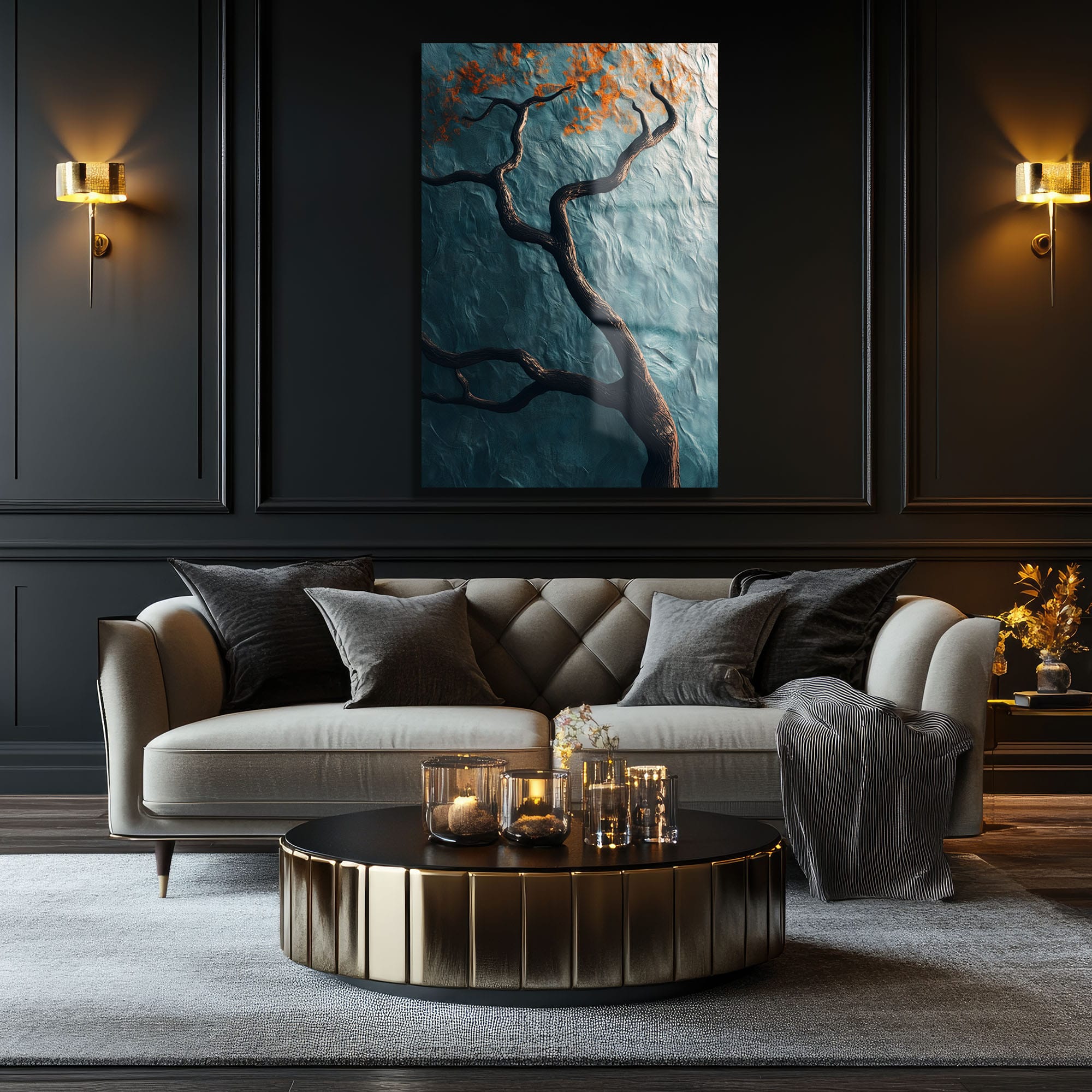 Gizemli Teal Ağaç: Modern Sanat Cam Tablo