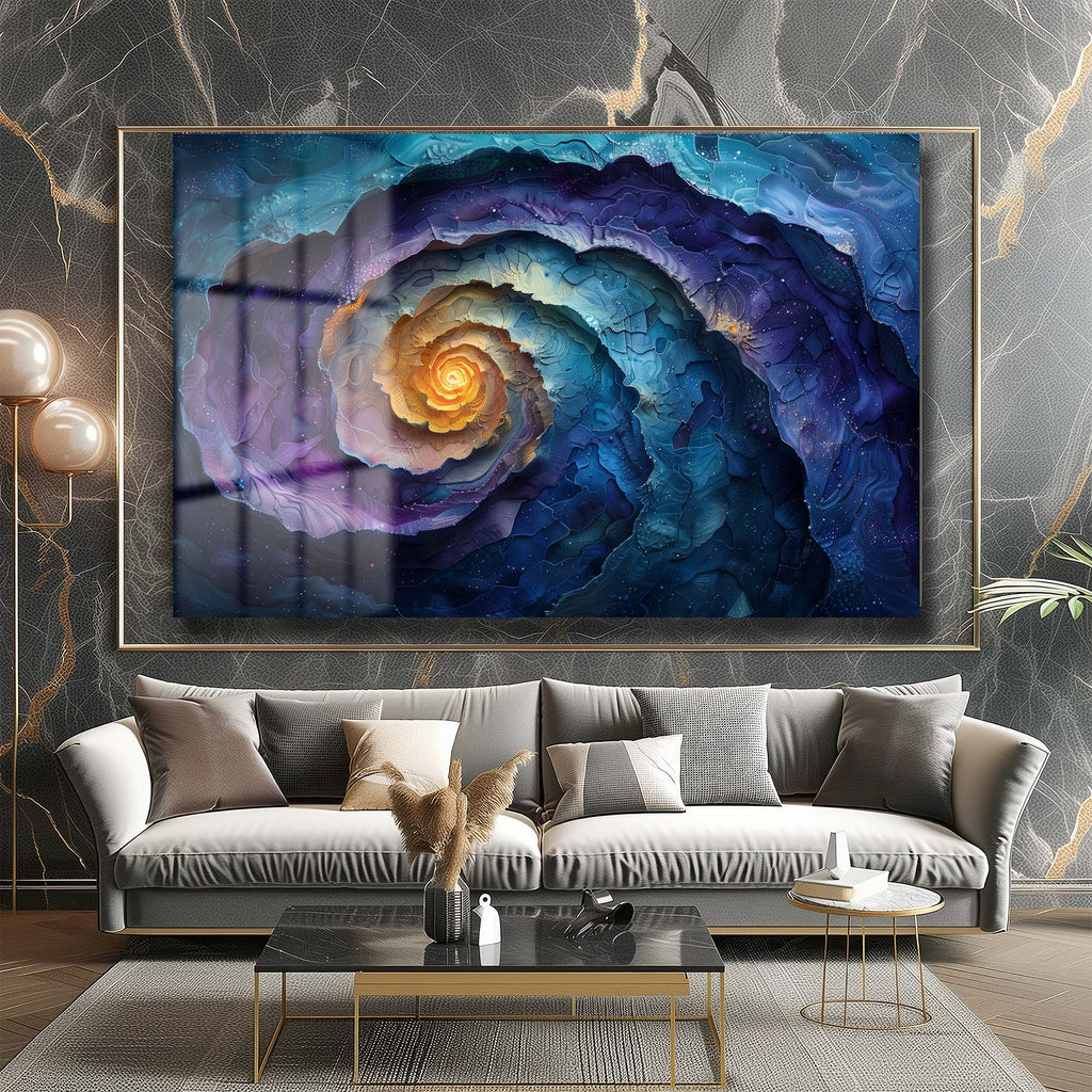 Galaktik Spiral: Mor Mavi Tonlarında Modern Soyut Cam Tablo