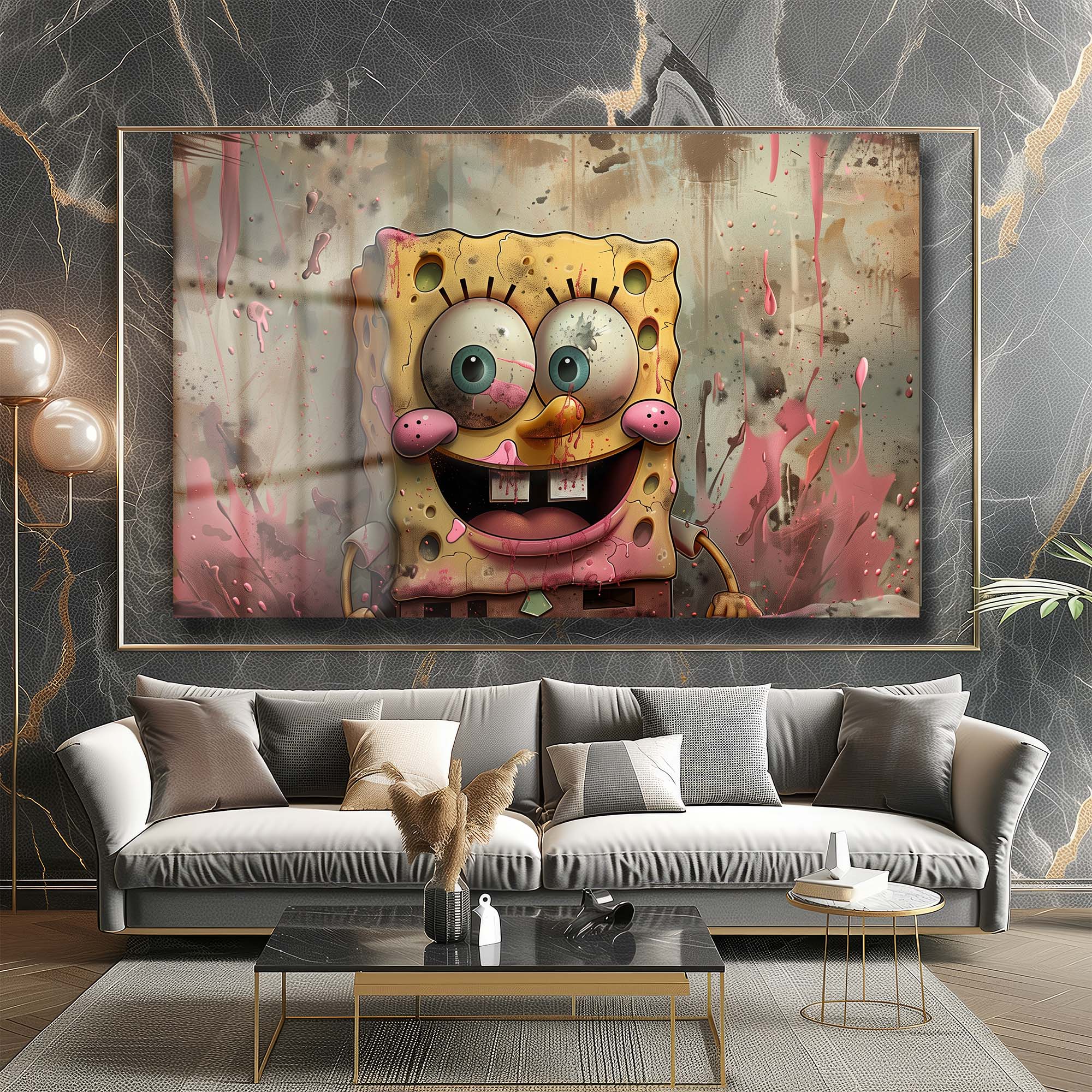 Neşeli Sünger: Pop Art Graffiti Tarzı Temperli Cam Tablo
