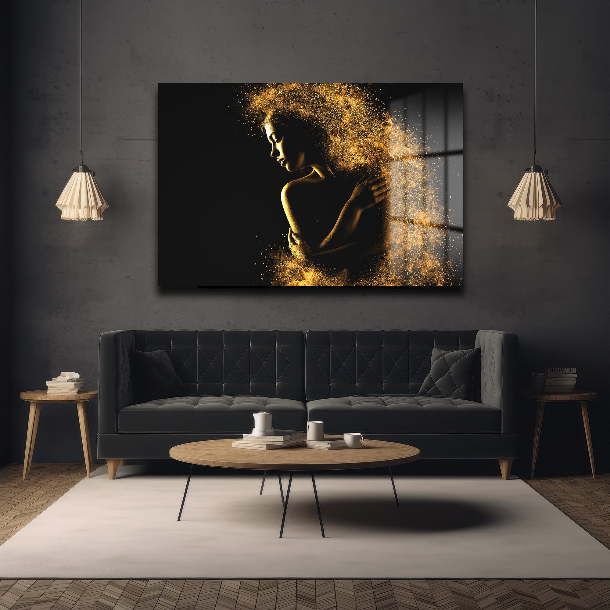 Altın Parıltılı Transformasyon: Ethereal Kadın Figürlü Modern Cam Tablo