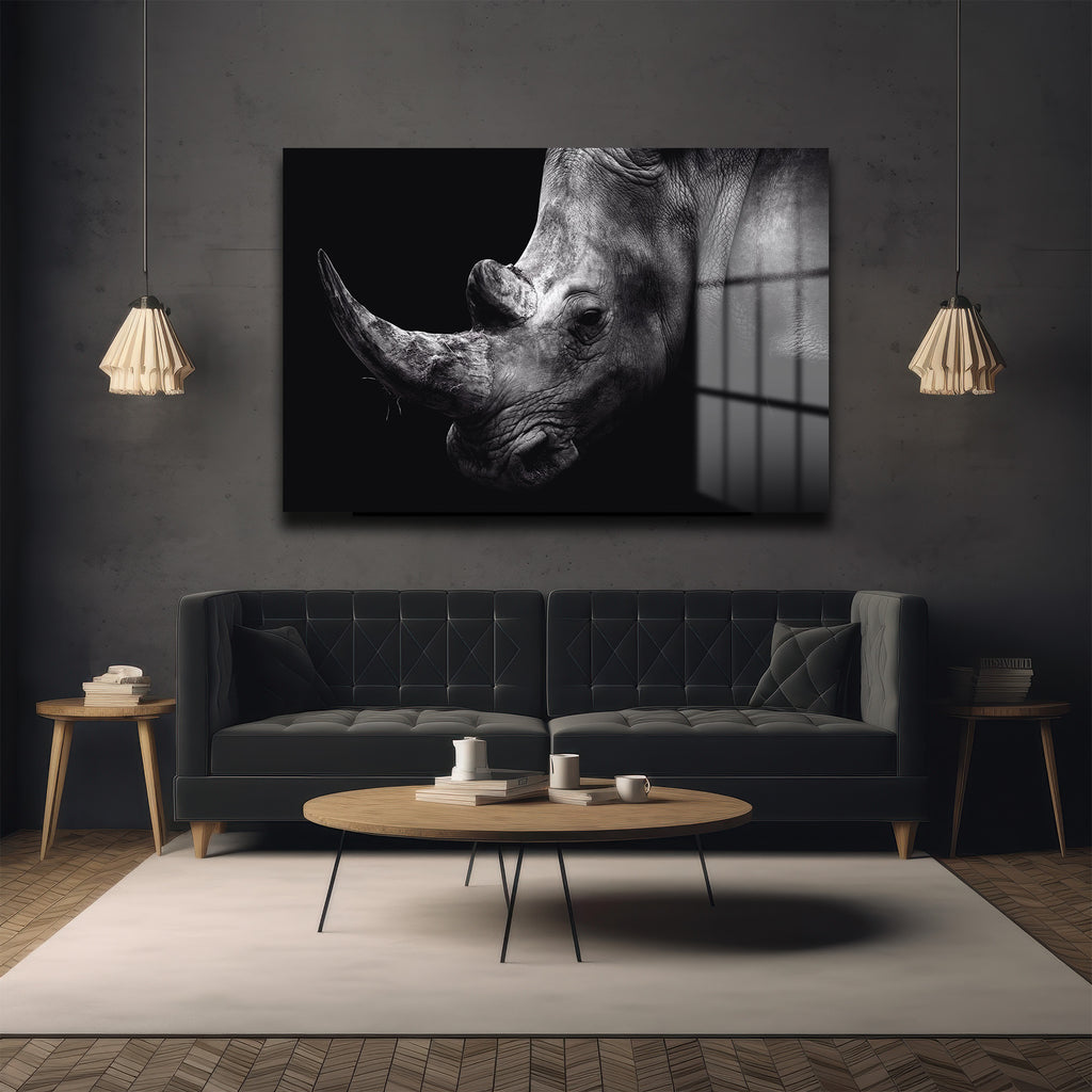 Heybetli Gergedan: Siyah Beyaz Modern Cam Tablo