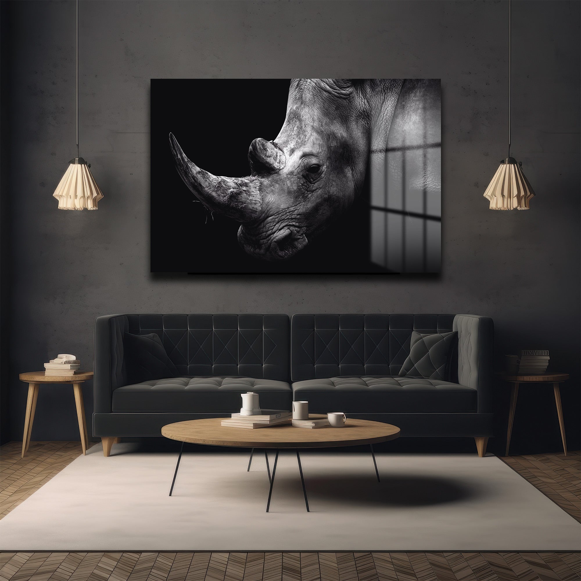 Heybetli Gergedan: Siyah Beyaz Modern Cam Tablo