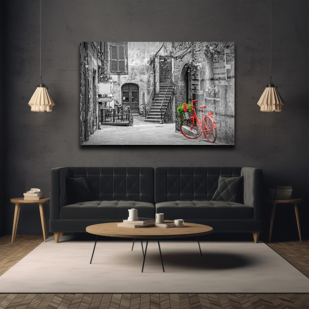 İtalyan Ruhu: Kırmızı Bisiklet ve Çiçekler Temalı Siyah Beyaz Cam Tablo